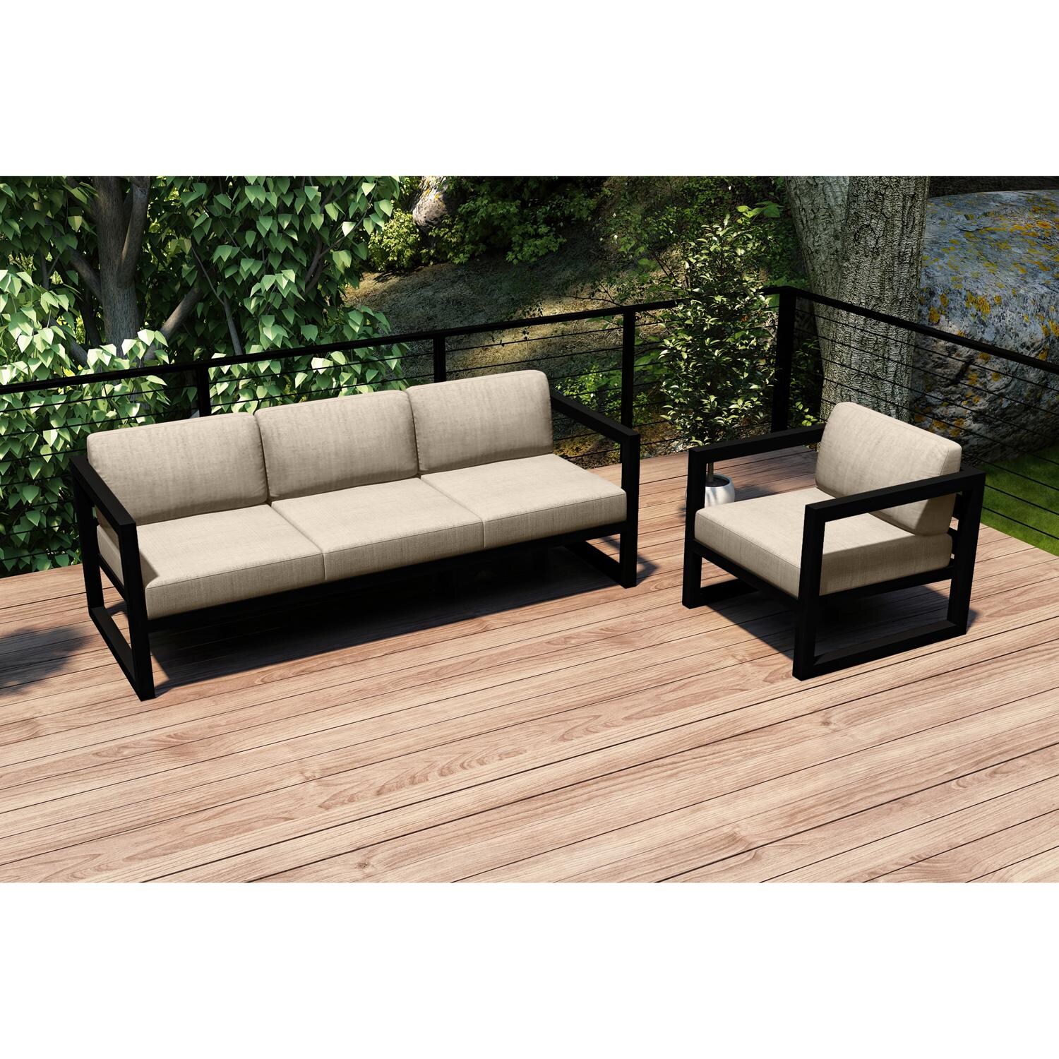 Lakeview MSTYCV-BK-2SS-CF Misty Cove 2 Pc Aluminum Seating Set in Black w/Canvas Flax Cushions by Lakeview Outdoor Designs - Set Outside - Lifestyle thumbnail