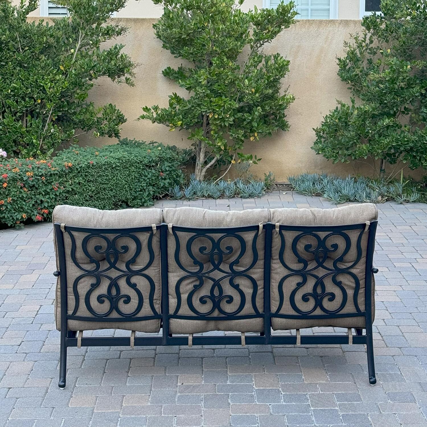 Santa Anita 2 Pc Cast Aluminum Seating Set w/48 Inch Table in Antique Bronze/Sesame by Darlee - Sofa Back View - Lifestyle thumbnail