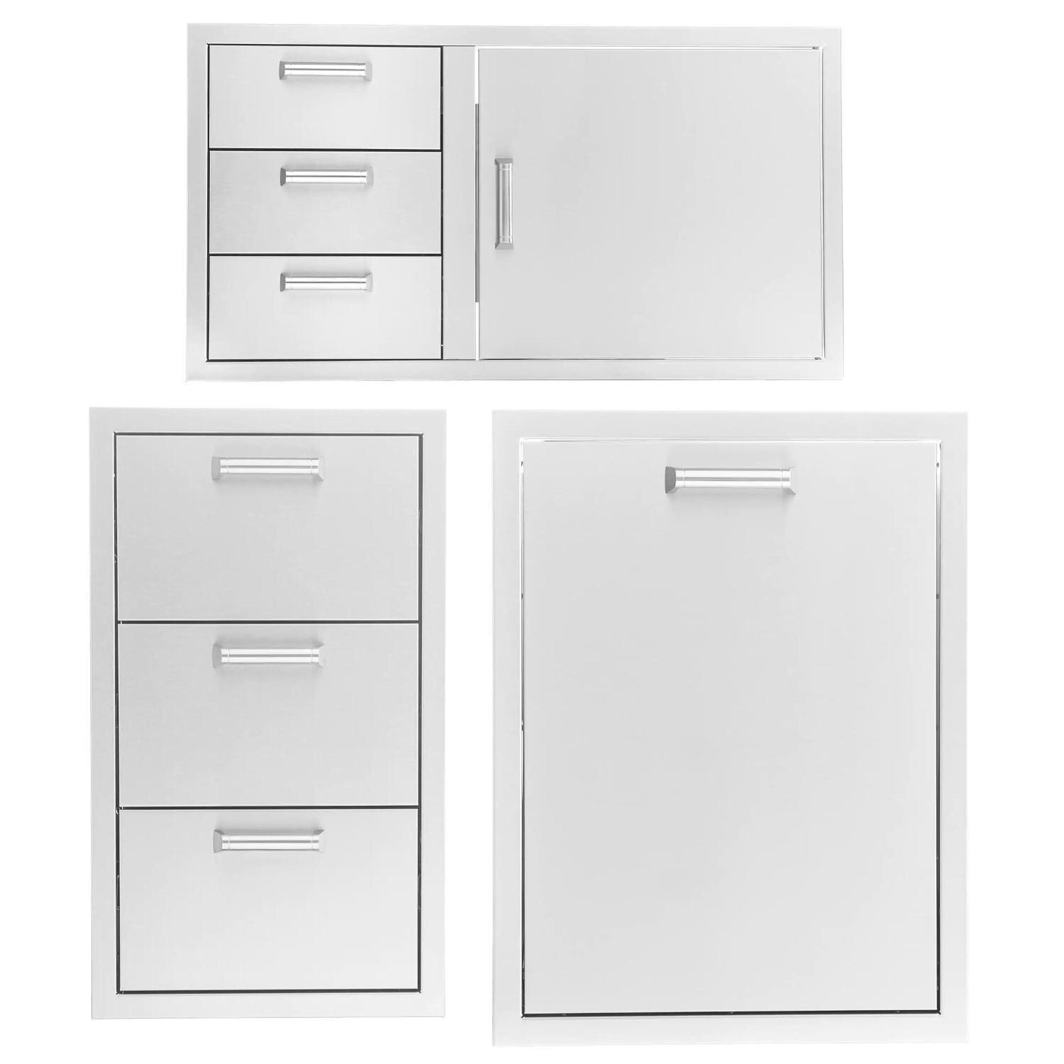 BBQGuys Signature 3 Pc 39-in Contempo/Traditional Door & Triple Drawer Combo, Triple Drawer & Double Trash Bin Outdoor Kitchen Storage Package - Included Handles - White Background thumbnail
