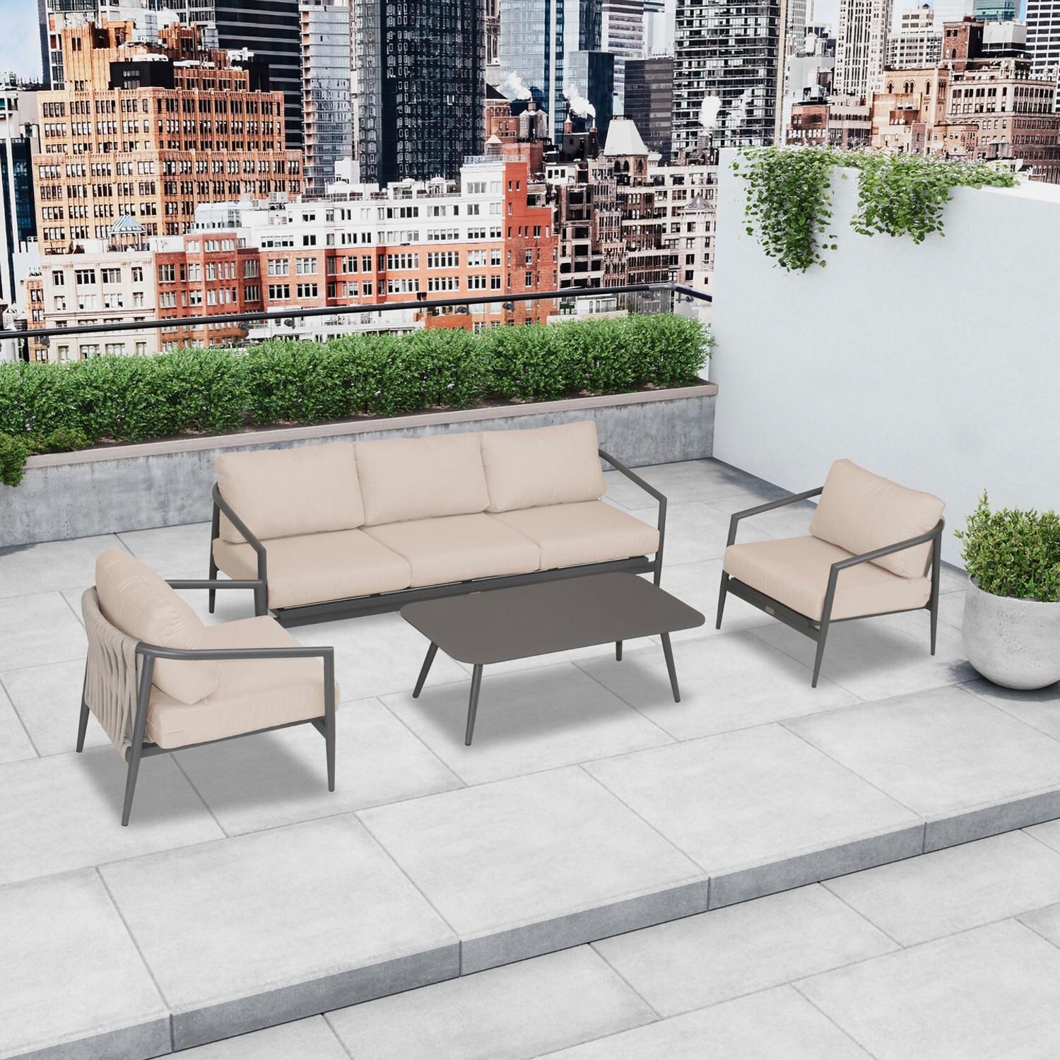 Lakeview Midnight Cove 4 Pc Aluminum Sofa Seating Set in Slate/Pebble Gray/Canvas Flax - Top - Lifestyle thumbnail