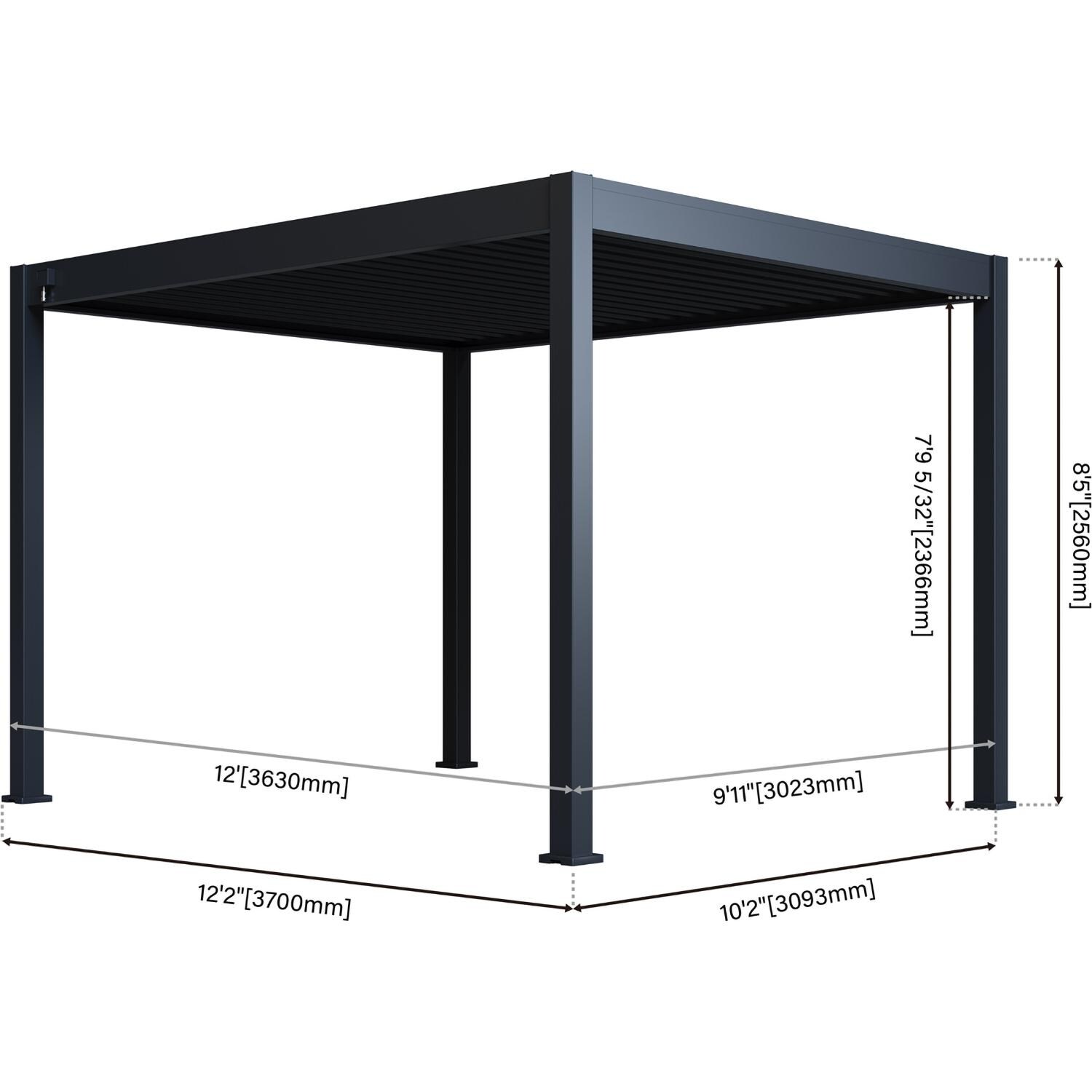 Paragon Outdoor PRGRT-1012GY Grand Tuscan 10' x 12' Slate Gray Aluminum Louvered Pergola - Dimensions - Dimensional thumbnail