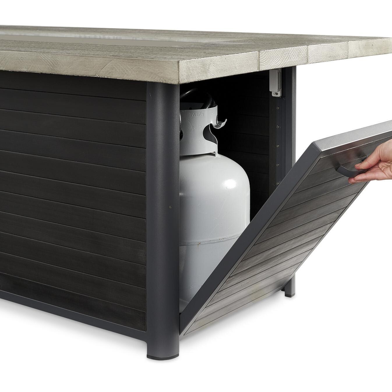 Lakeview Outdoor Designs Cedar Ridge Linear Gas Fire Pit Table - Access door provides convenient storage for propane tanks thumbnail