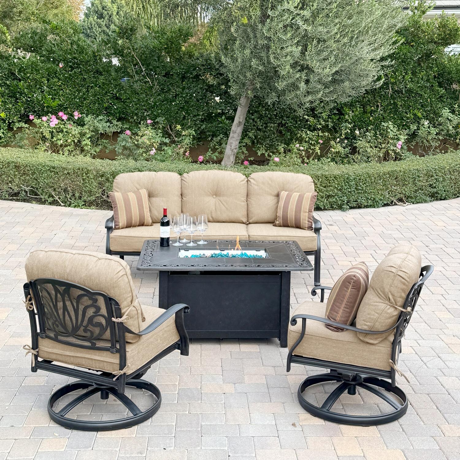 Darlee Elisabeth 4-Pc Cast Aluminum Fire Pit Seating Set w/ Swivel Chairs and Sofa in Antique Bronze/Beige Canvas - Full Set - Lifestyle thumbnail