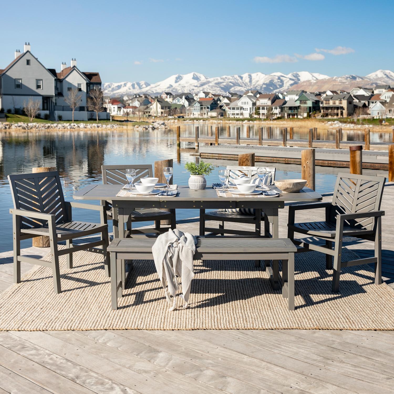 Walker Edison Vincent 6 Piece Acacia Patio Dining Set W/ 55-79 X 35 Inch Extension Rectangular Table - Grey Wash image