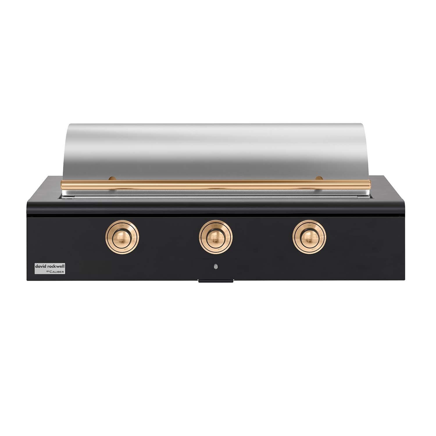 Caliber CRG-48BN00-A-085-H08 48-in Natural Gas Built-In Rockwell Grill - Ultra Matte Black w/ Gold Hardware - Closed Lid - White Background thumbnail