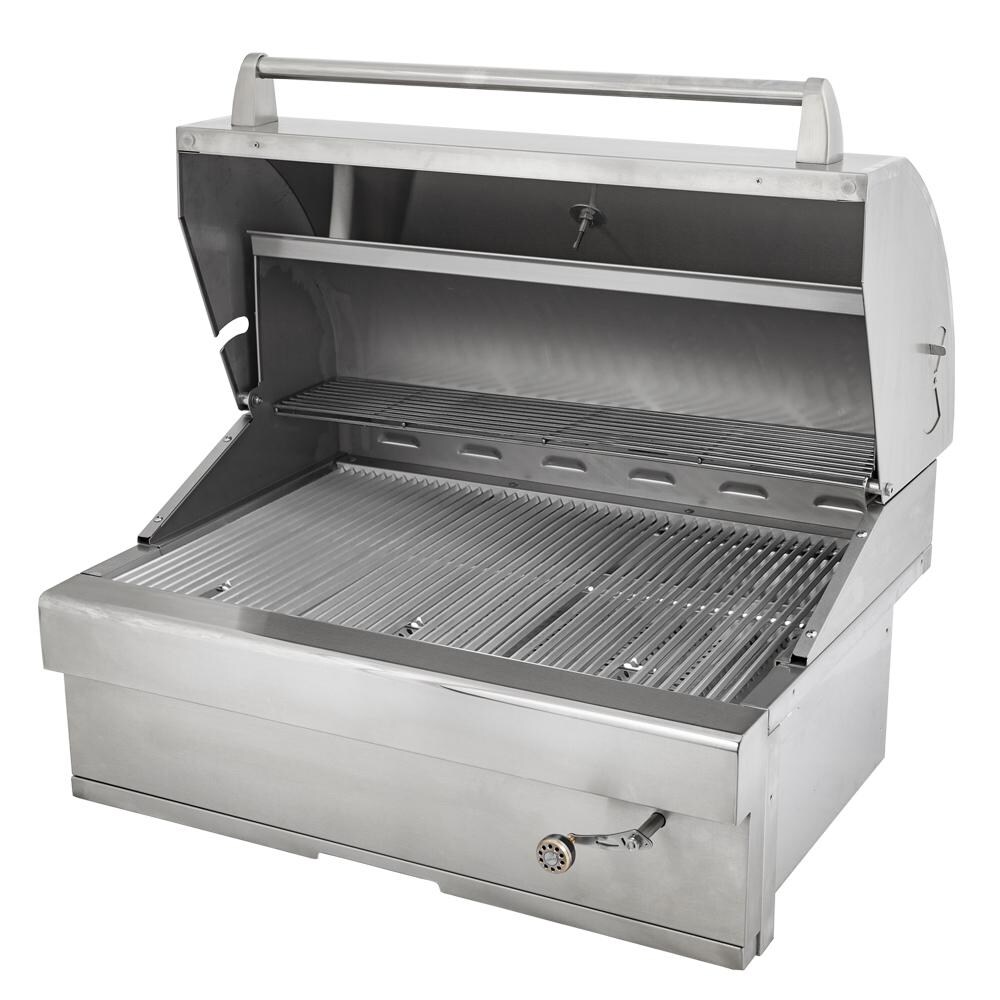 Turbo 32-Inch Stainless Steel Charcoal Grill - Right Side Angled View With Hood Open thumbnail