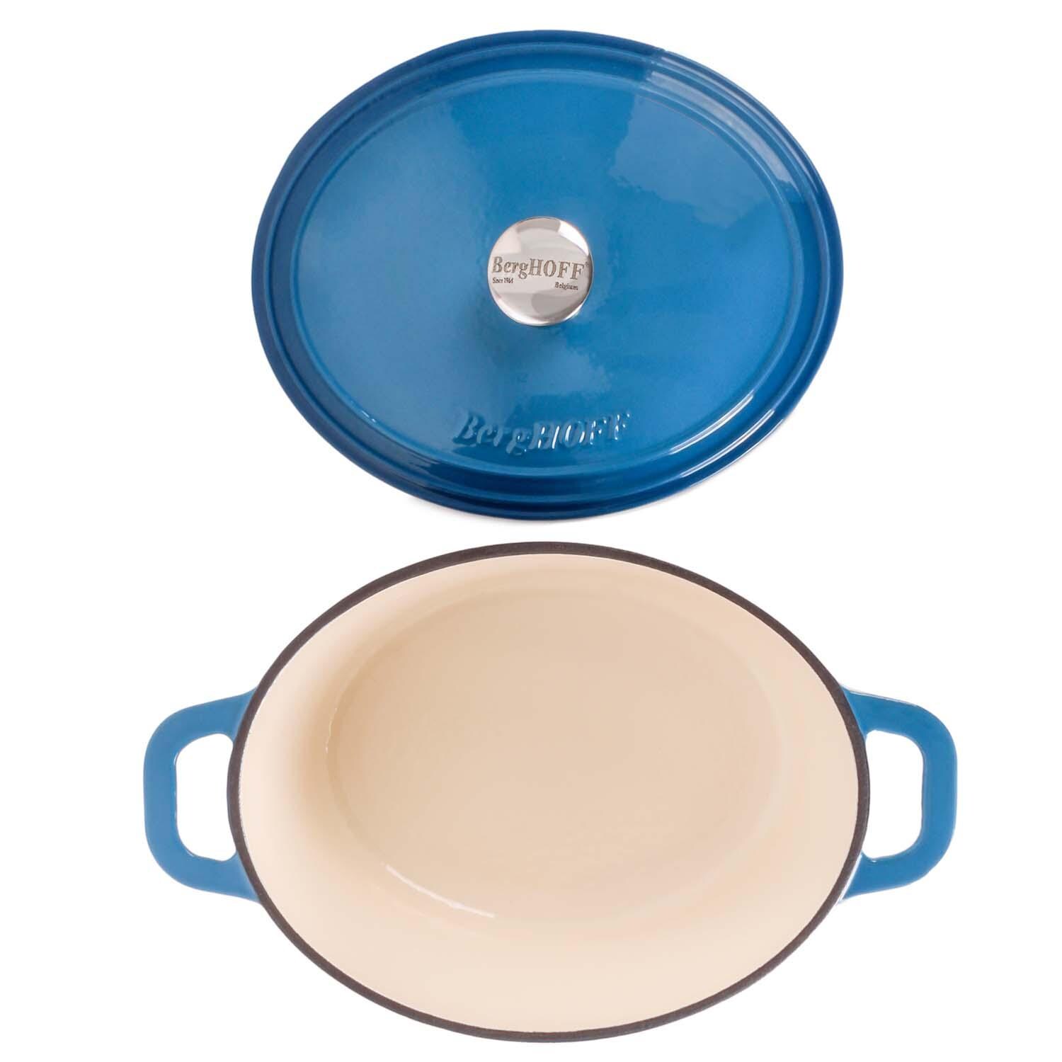 BergHOFF 11 1/2-in Neo Cast Iron 5 Qt. Oval Dutch Oven w/ Lid - Blue - Lid Off - White Background thumbnail