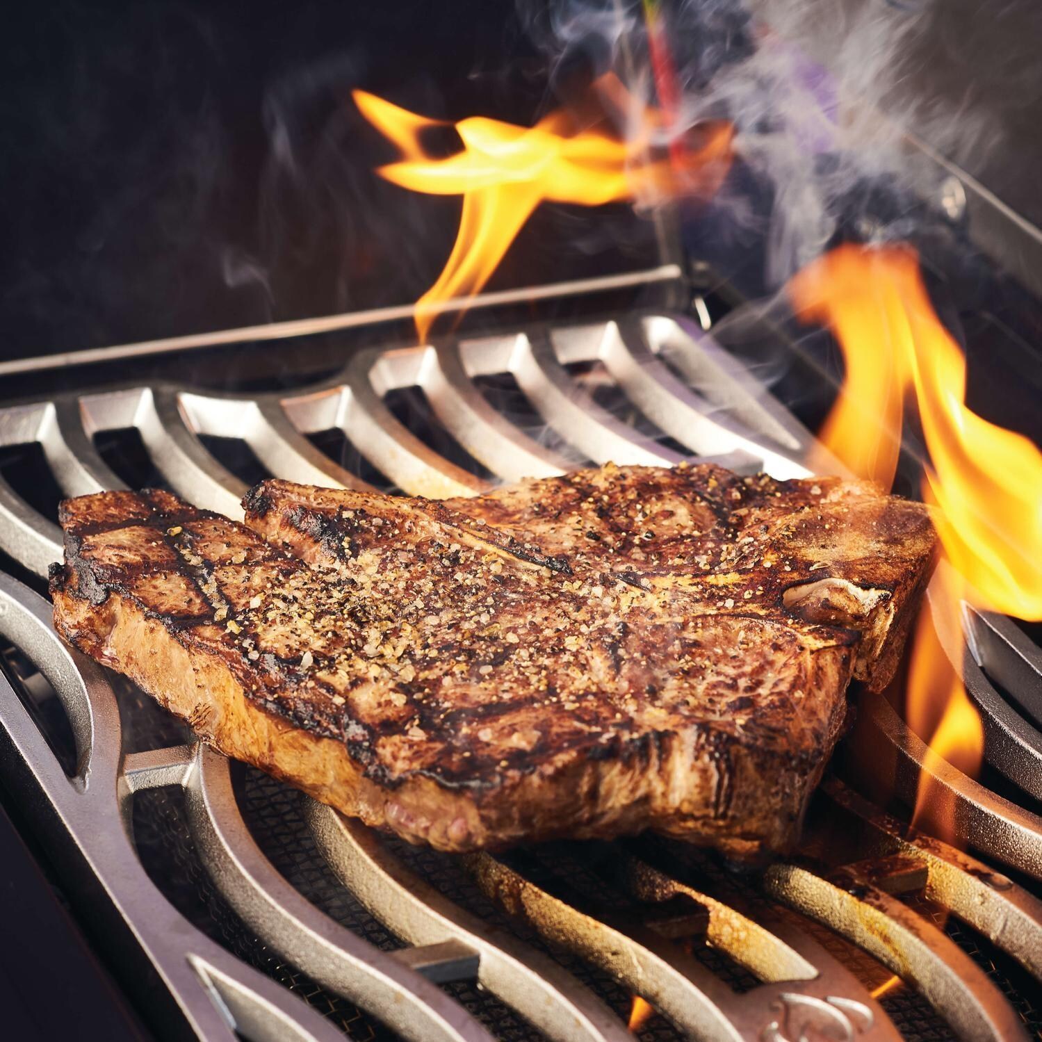 Napoleon Phantom Prestige 500 Propane Grill Bundle w/Cover, Charcoal Tray, Rotisserie Basket & Drip Trays - Phantom Prestige 500 Propane Grill - Steak on Side Burner - Detail thumbnail