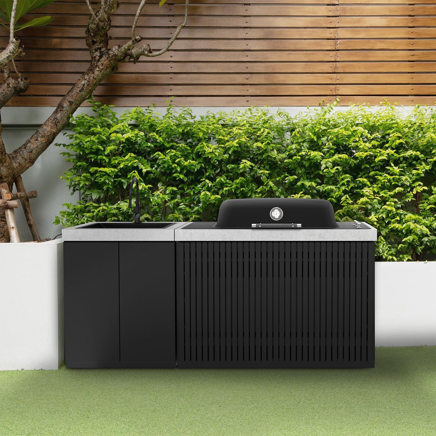 Everdure 6 Ft Outdoor Kitchen Island w/ Marine Grade Aluminum Cabinets in Black - On Patio - Lifestyle thumbnail