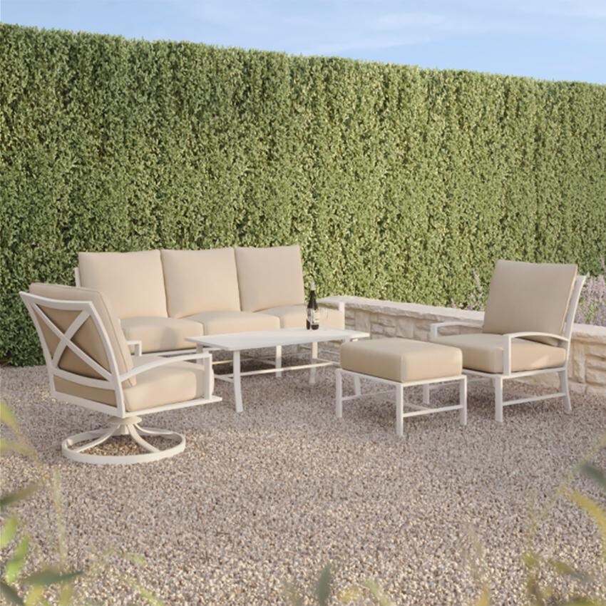 Bristol Aluminum Ottoman w/ Self Welt in White/Spectrum Indigo by Sunset West - Shown w/ Companion Pieces in Canvas Skyline - Lifestyle thumbnail