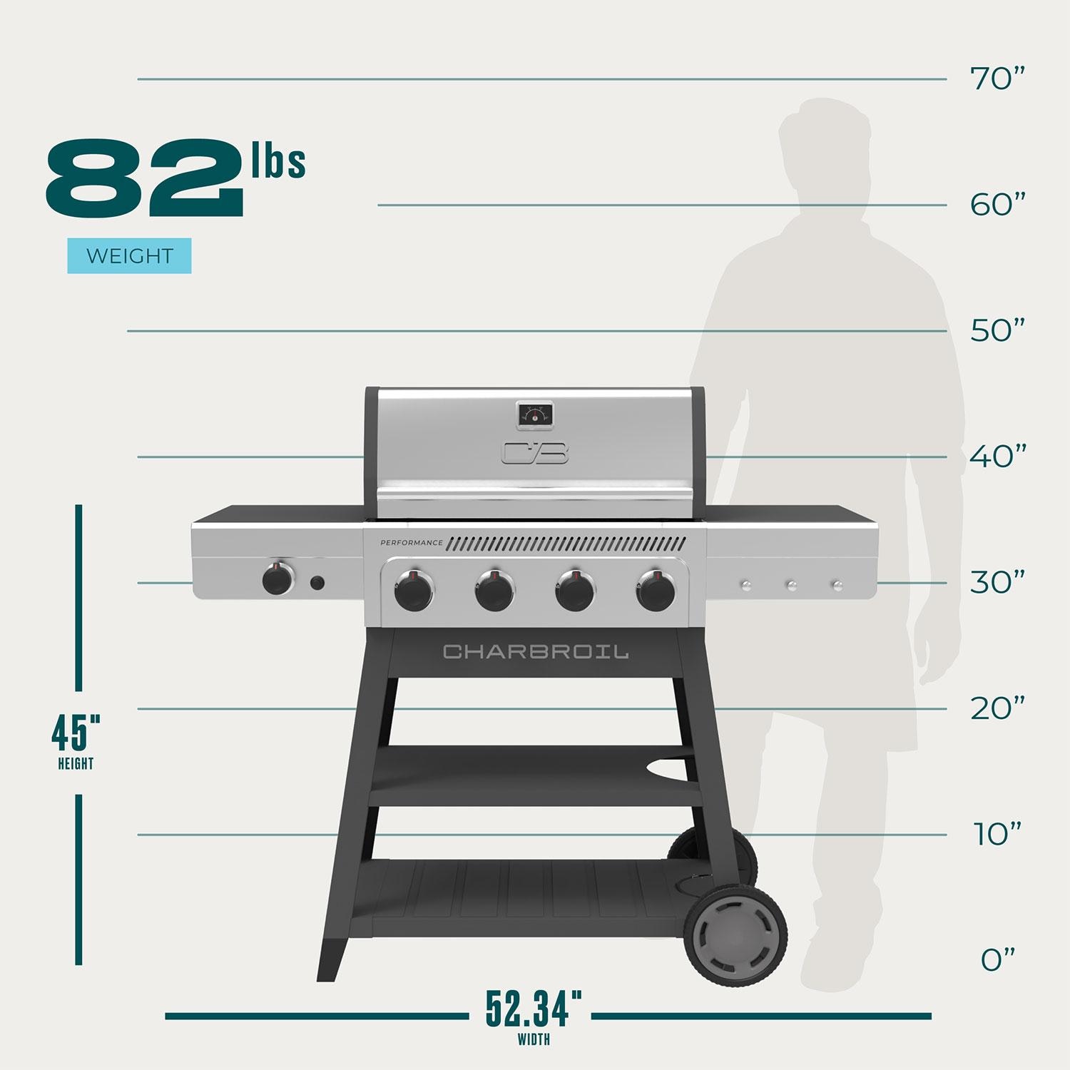 Charbroil 463349325 Performance Series 4-Burner Propane Grill A-Frame Cart W/ Side Burner - Black & Stainless Steel - Dimensional thumbnail