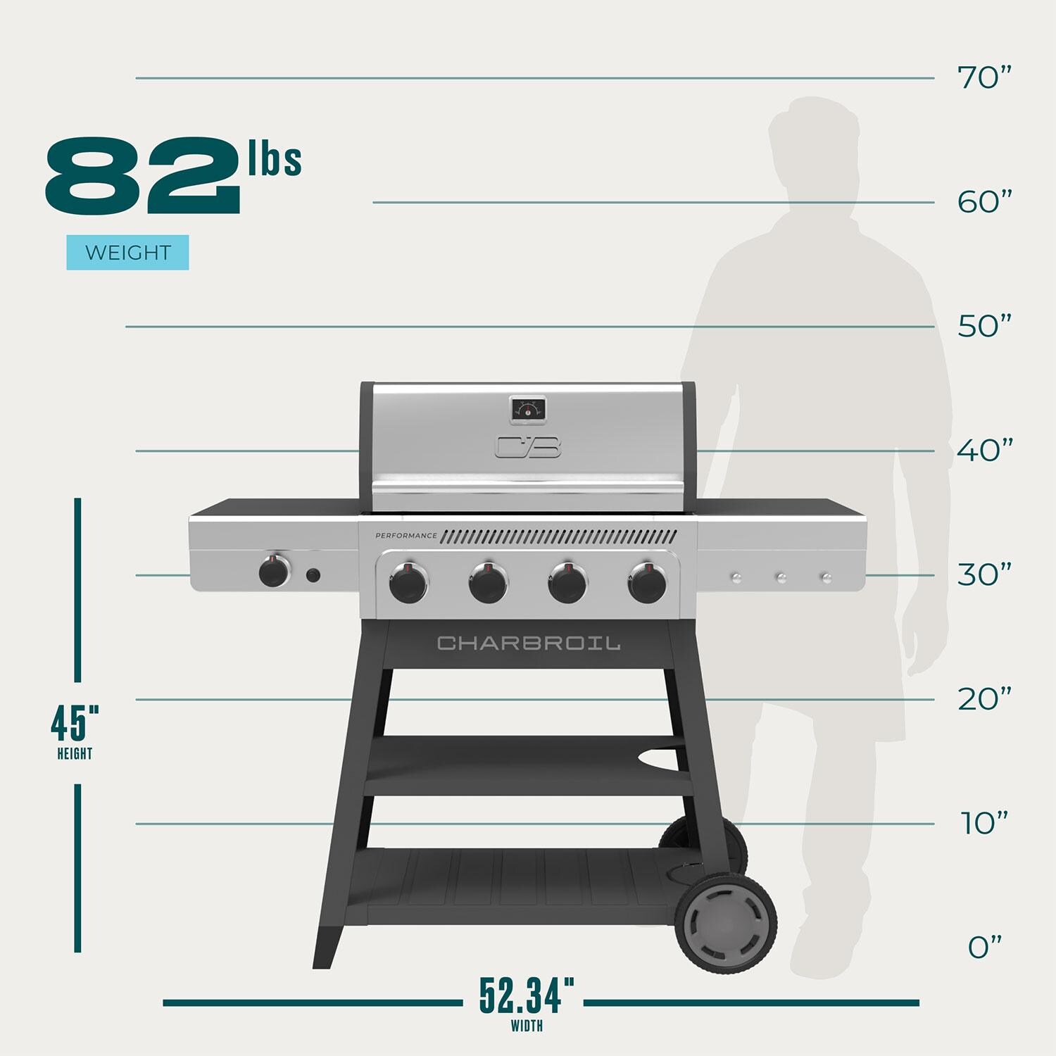 Charbroil 463349325 Performance Series 4-Burner Propane Grill A-Frame Cart W/ Side Burner - Black & Stainless Steel - Dimensional thumbnail