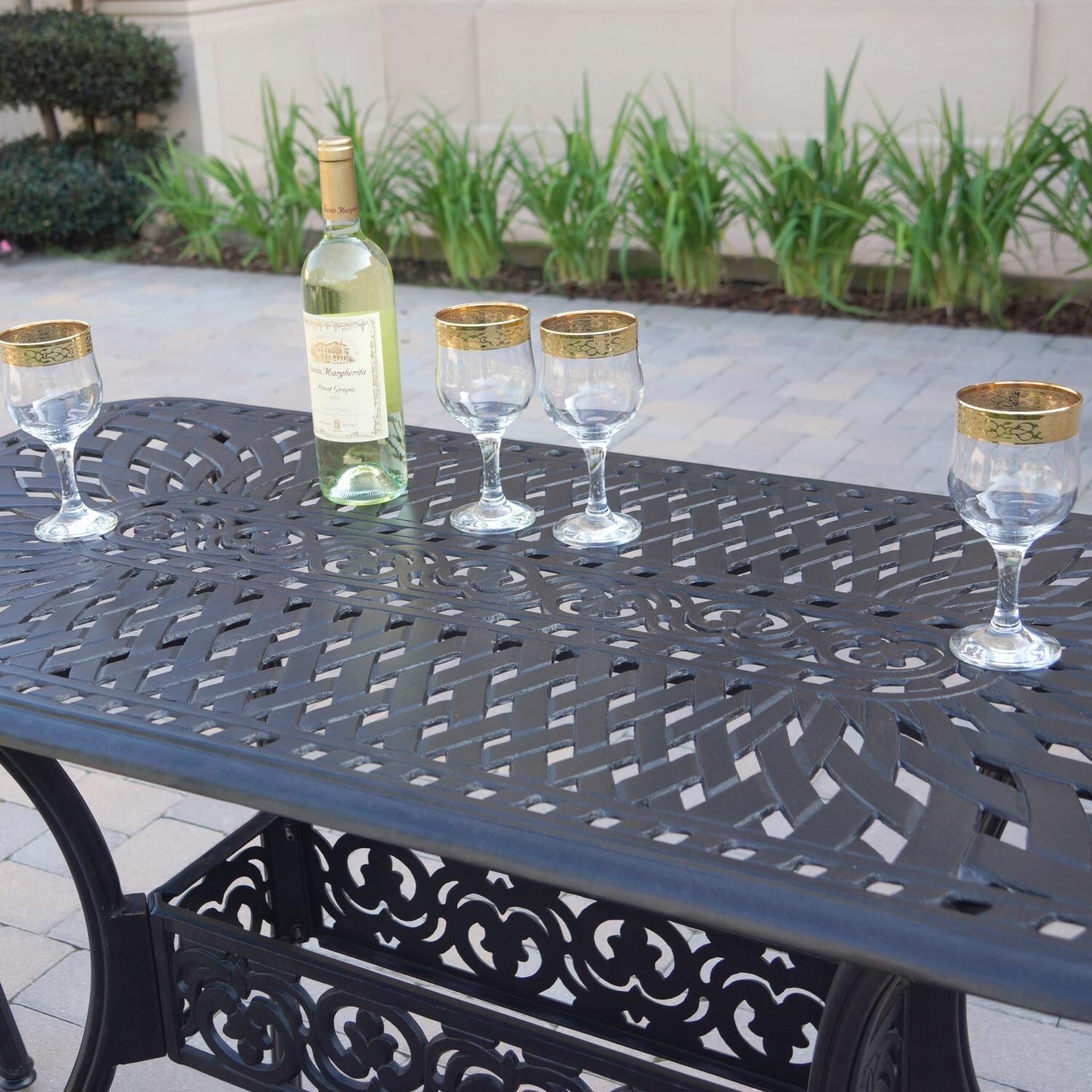 Darlee 1220-5PC-60CB Classic 5 Piece Cast Aluminum Patio Backless Square Counter Height Bar Set W/ 52 X 26 Rectangular Table & Sesame Cushions - Table Detail thumbnail