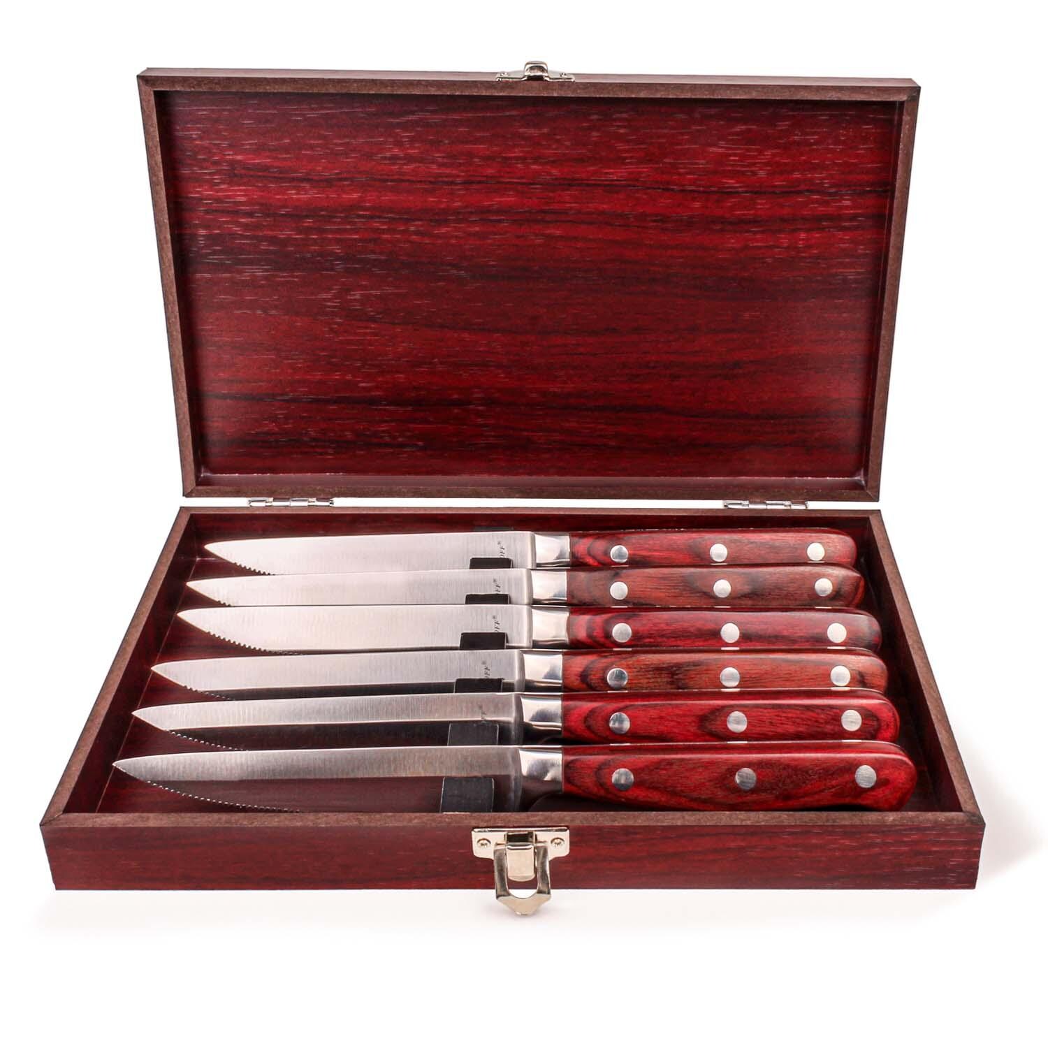 BergHOFF Pakka Wood 14 Pc Stainless Steel Steak Knife Set w/ Wood Cases - Knives in Case - White Background thumbnail