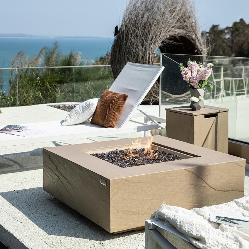 Uluru 40 Inch Square Concrete Propane Fire Pit in Beige by Elementi