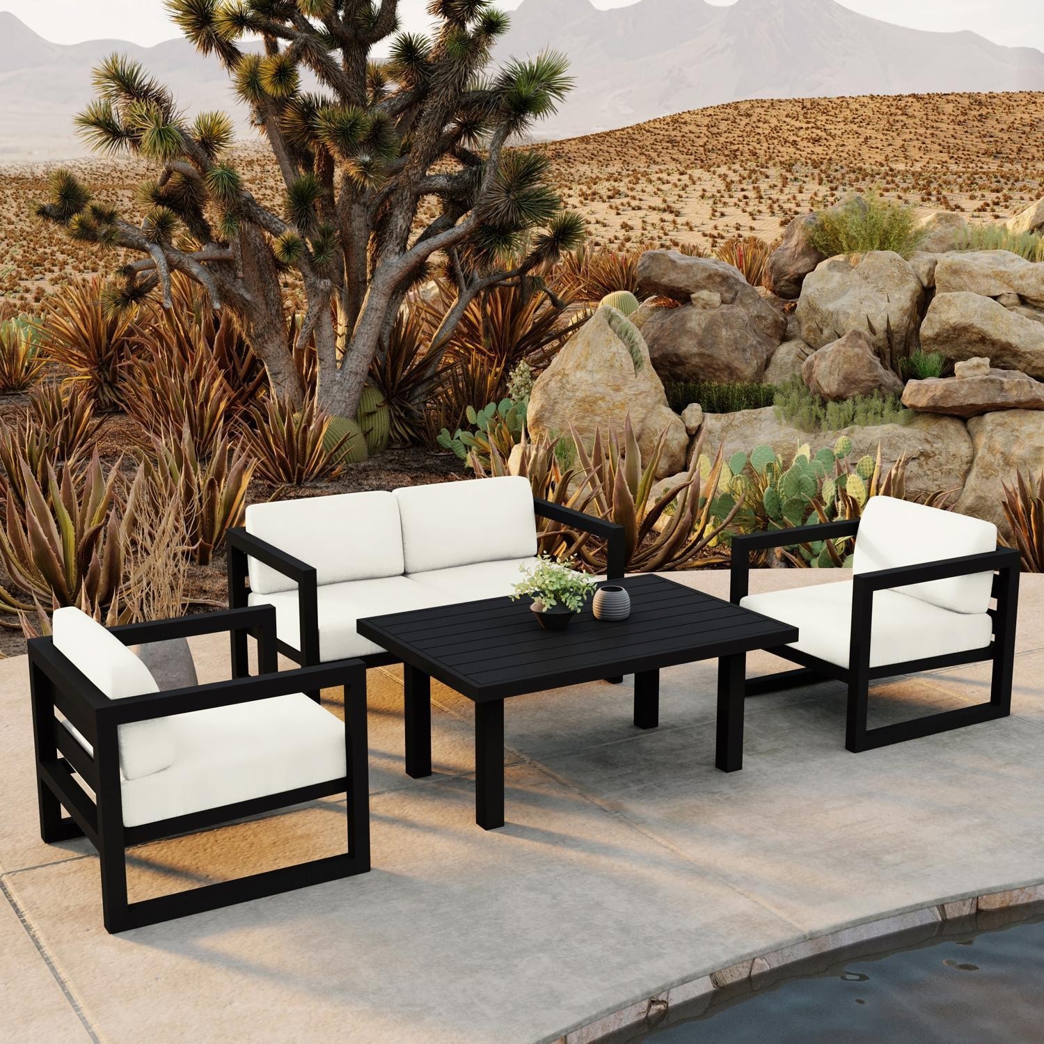 Lakeview MSTYCV-BK-SET114-CN Misty Cove 4 Pc Aluminum Seating Set in Black w/Chat Table & Canvas Natural Cushions by Lakeview Outdoor Designs - By the Pool - Lifestyle thumbnail