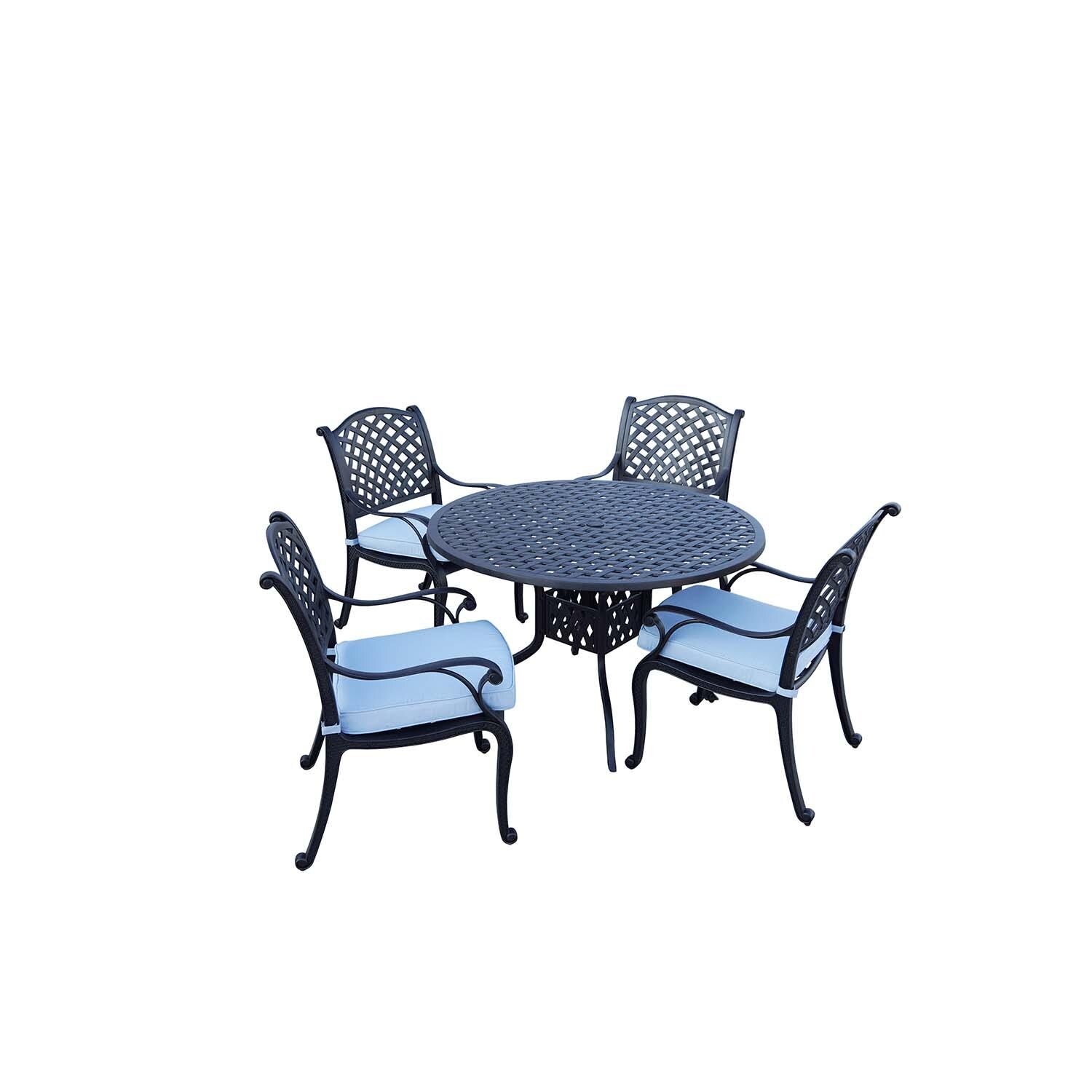 Nassau 5 Pc Cast Aluminum Dining Set w/ Sky Blue Cushions in Antique Bronze By Darlee - White Background thumbnail
