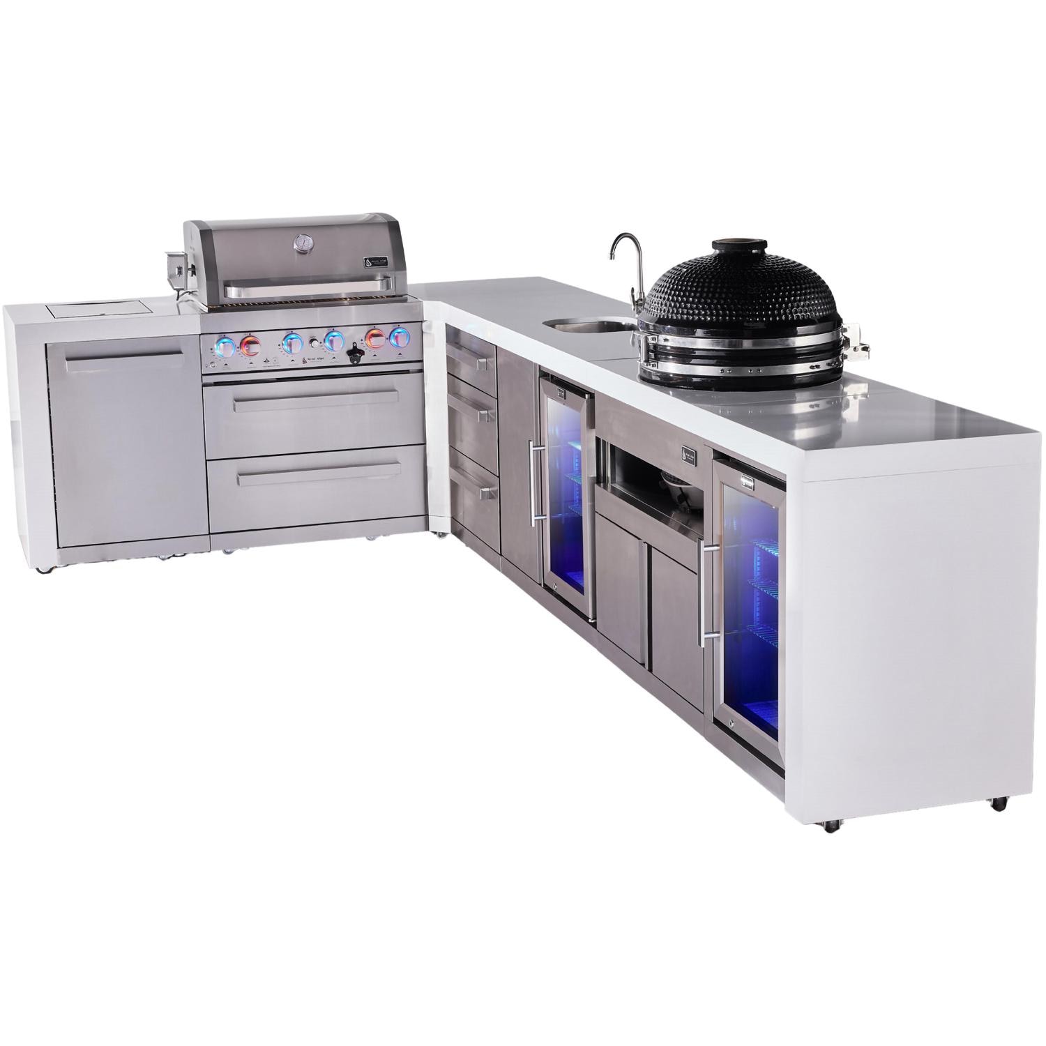 Mont Alpi Deluxe Series 12 Ft L-Shaped Natural Gas Outdoor Kitchen Island w/ 32-in Grill, Side Burner, Beverage Center, Fridge, Kamado Module & Extra Door (Ships Propane w/ Conversion Kit) - Angled Right - White Background thumbnail