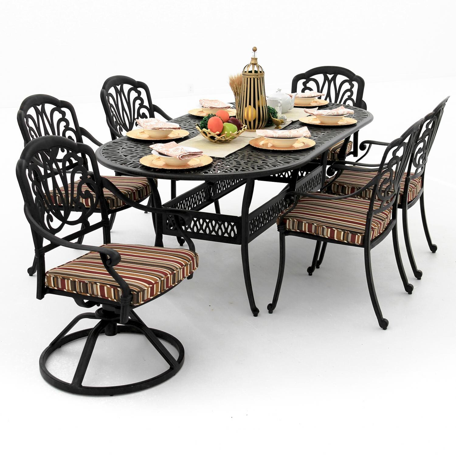 Rosedown 7 Piece Cast Aluminum Patio Dining Set With 2 Swivel Rockers