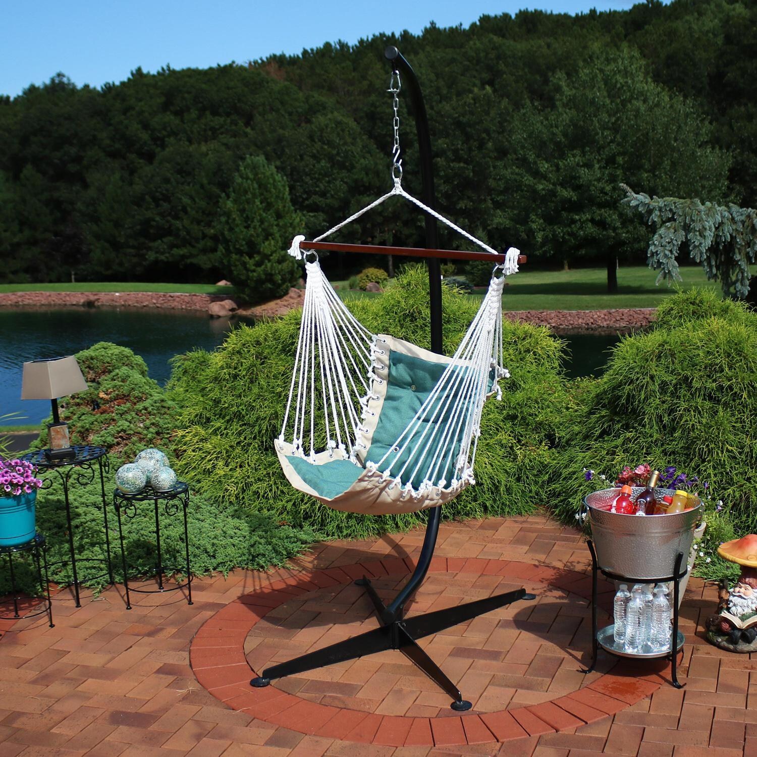 Ultimate Patio Tufted Victorian Hanging Hammock Swing w/ C-Stand - Sea Grass - Lifestyle thumbnail