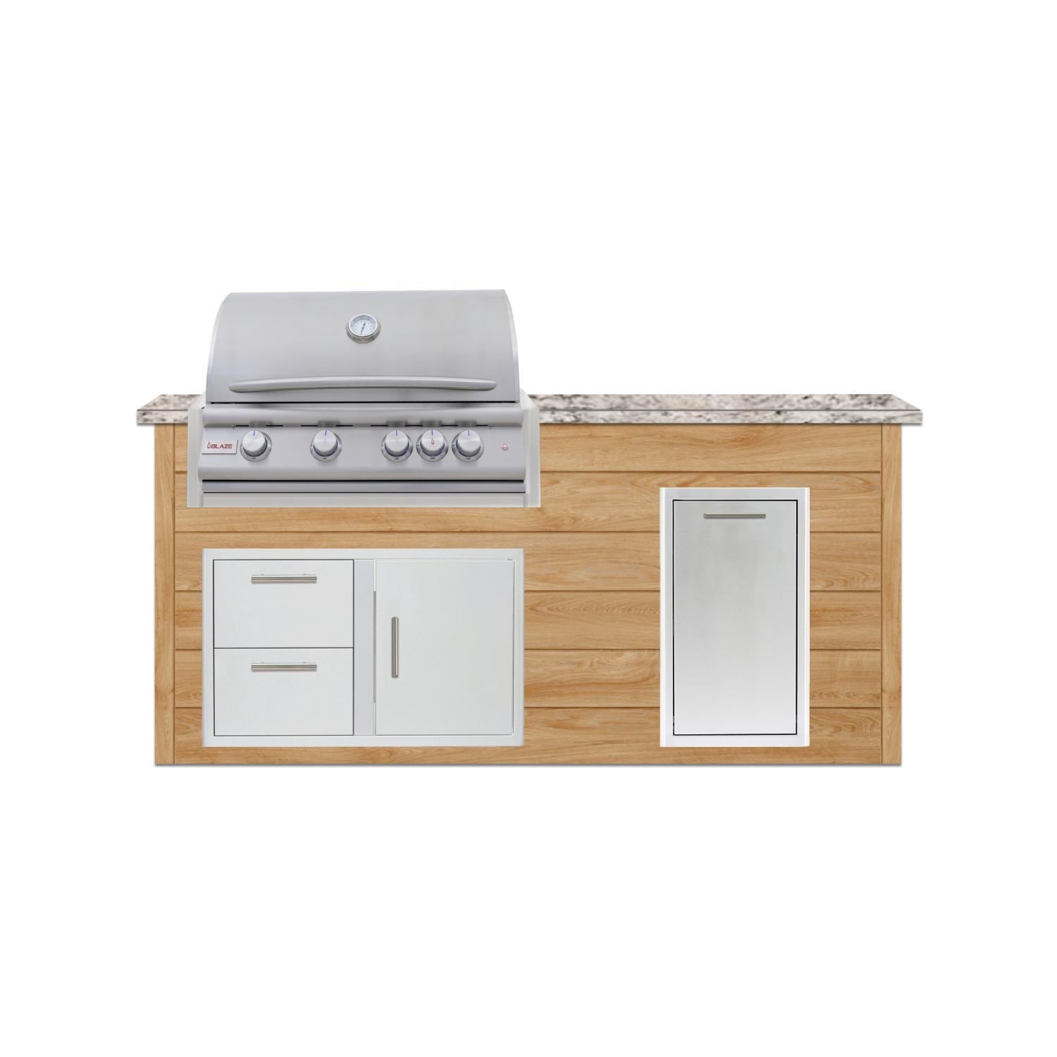 BBQGuys Signature 6 Ft Outdoor Kitchen Island w/ 32 Inch Natural Gas Blaze LTE+ Grill & Narrow Trash Bin | Sun Bleached Oak w/ White Granite
