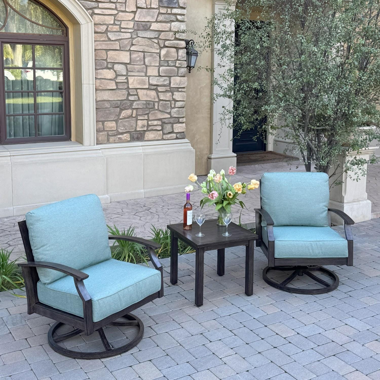 Atlantis 3 Pc Aluminum Seating Set w/ 2 Swivel Rocker Club Chairs in Walnut/Spa by Darlee