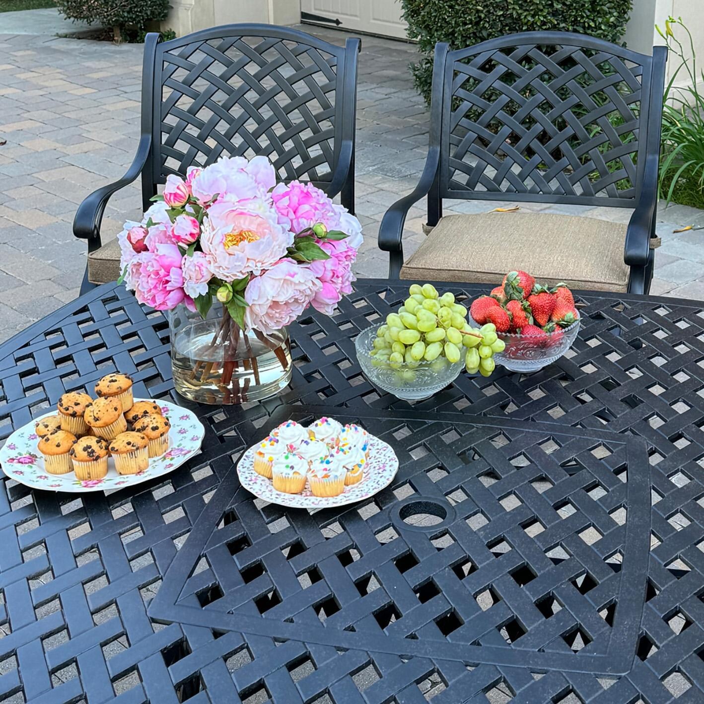 Darlee B/DL13-9PCAR-30W-S Nassau 9 Pc Cast Aluminum Dining Set in Antique Bronze w/ Sesame Cushions - Table w/ Flowers - Lifestyle thumbnail