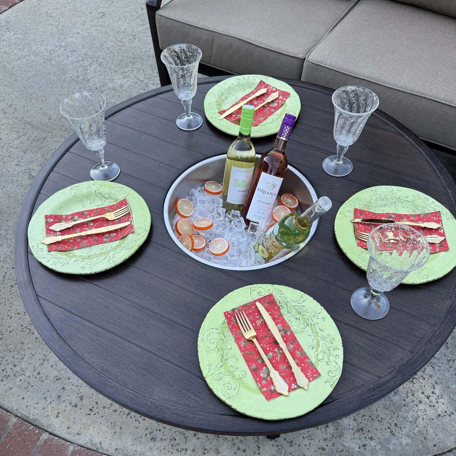 Atlantis 4 Pc Aluminum Seating Set w/ Round Ice Bucket Chat Table in Walnut/Beige by Darlee - Table Top View - Lifestyle thumbnail