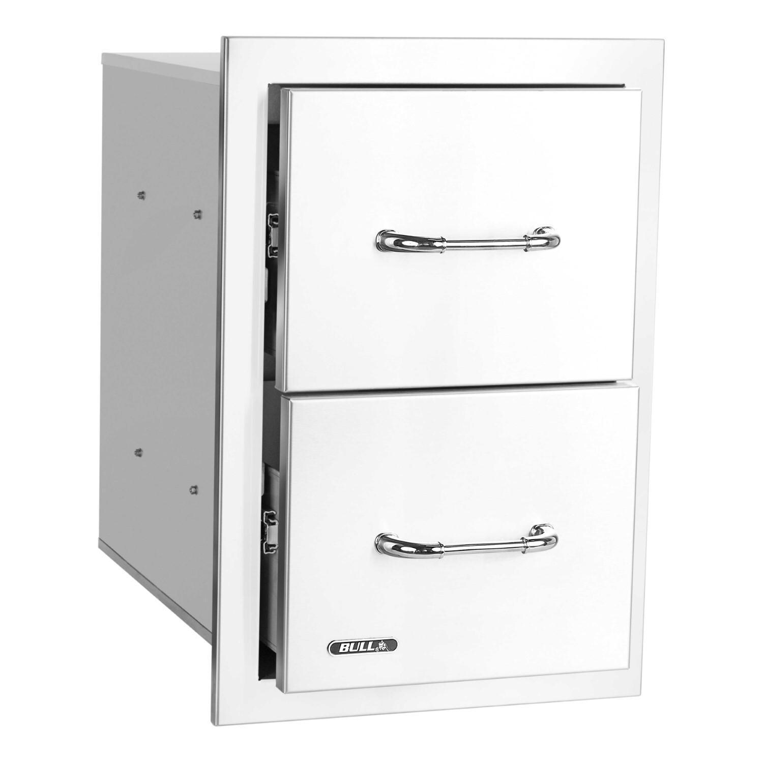 Bull 56990 15-Inch Stainless Steel Double Access Drawer W/ Reveal - Right Facing - Open - White Background thumbnail