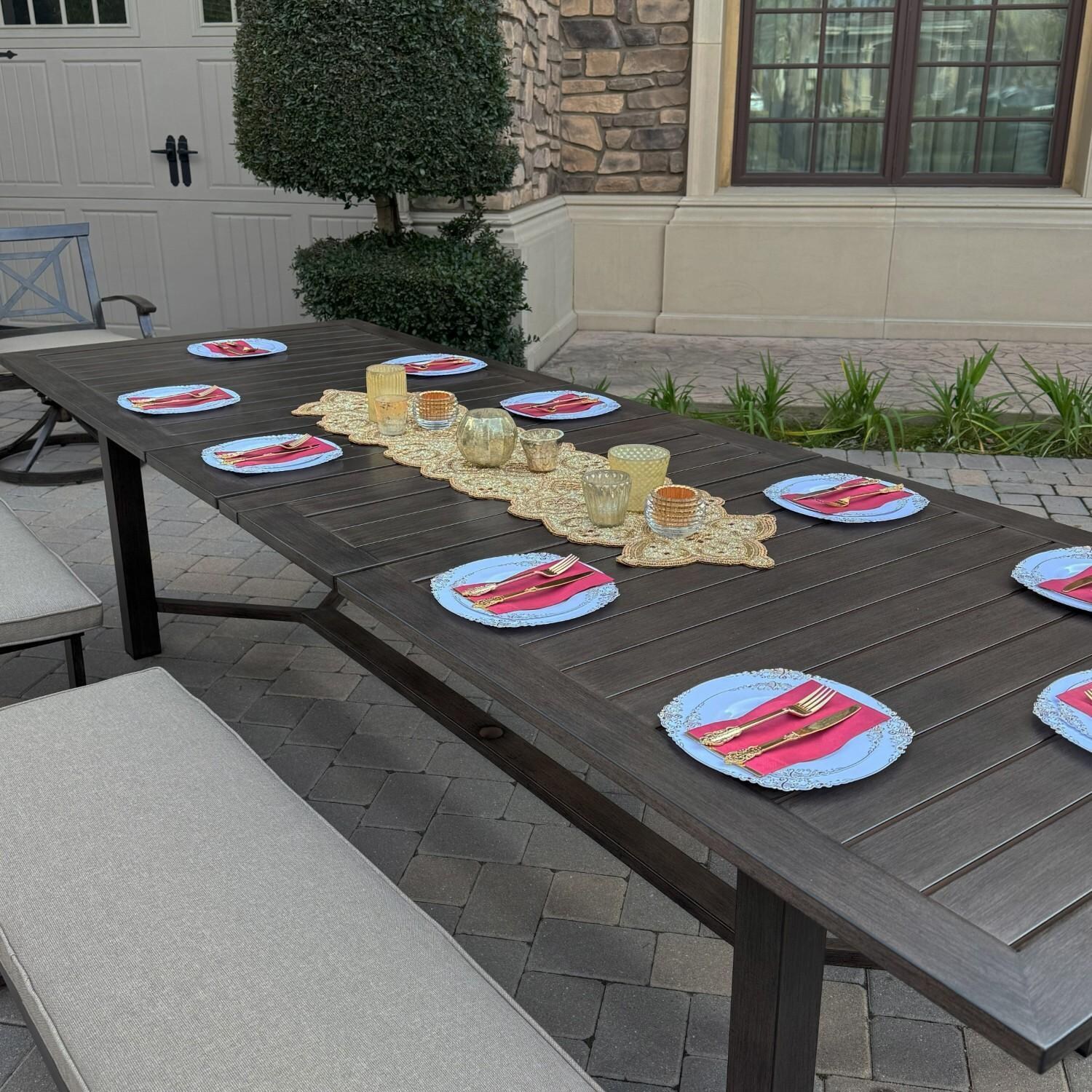 Atlantis 7 Pc Aluminum Dining Set w/ 2 Swivel Rocker Dining Arm Chairs, 4 Two Person Benches & Extension Tablein Walnut/Beige by Darlee - Table From Above - Lifestyle thumbnail