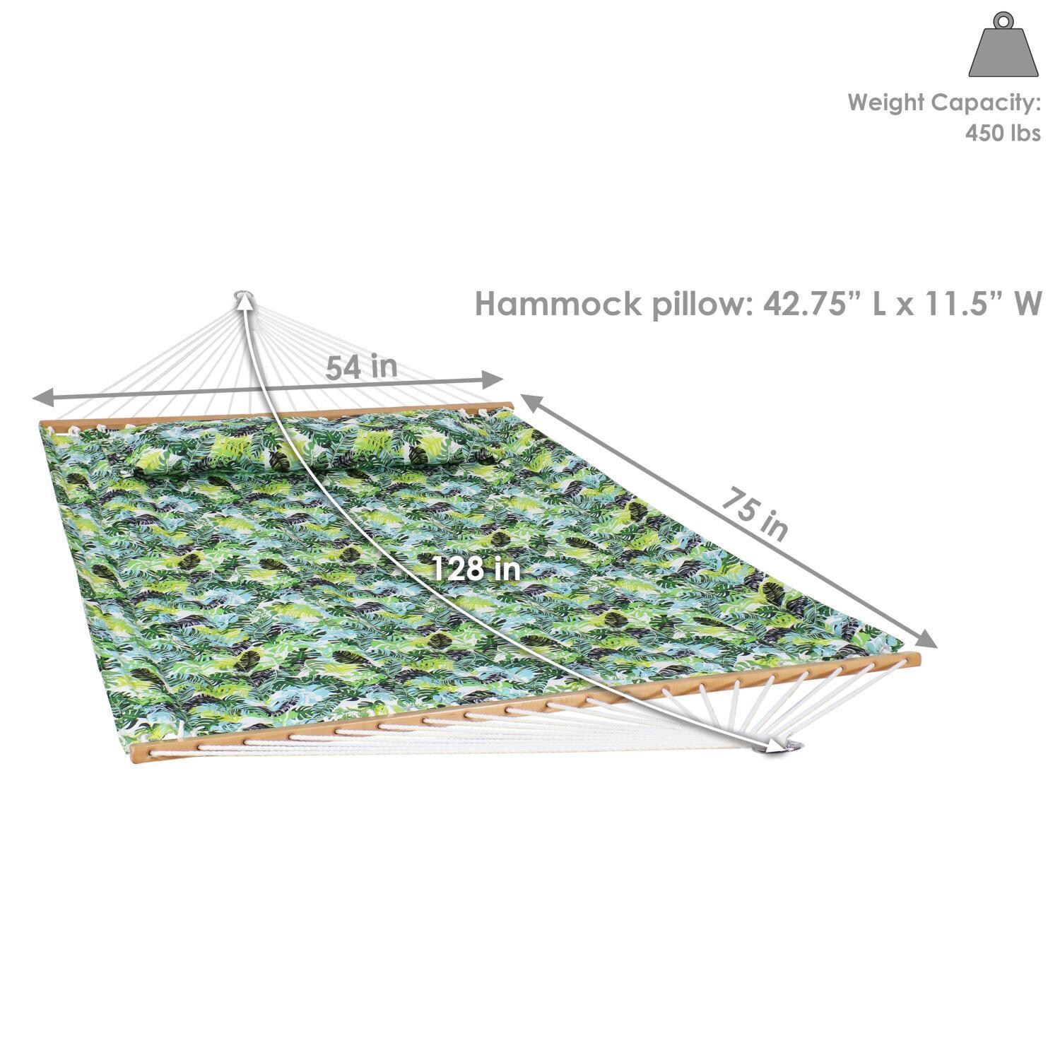 Ultimate Patio Quilted Double Hammock & Pillow - Tropical Greenery - Dimensions thumbnail