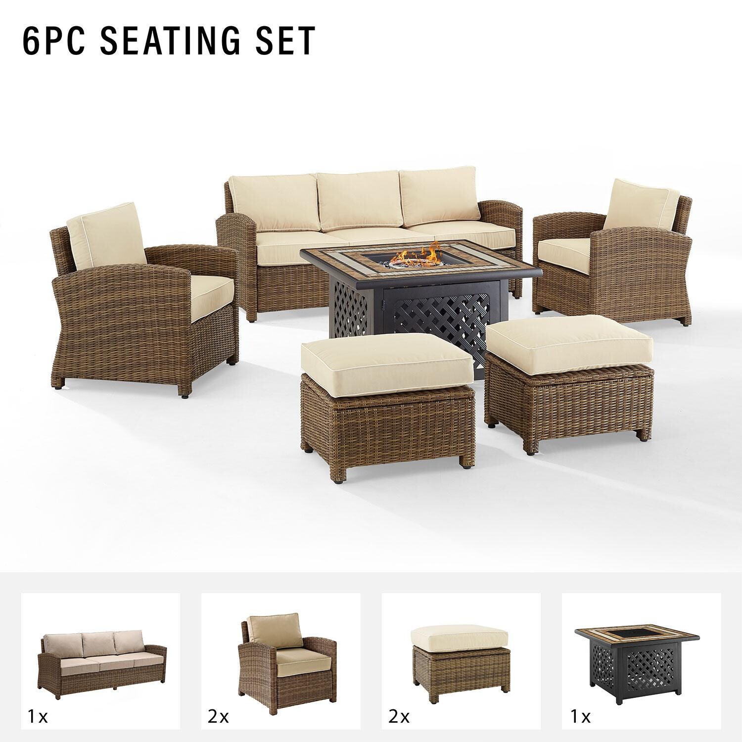 Ultimate Patio UP-92417WB-SA 6Pc Wicker Outdoor Sofa Set W/ Fire Table in Sand - Included in Set (Sofa, Two Club Chairs, & Two Ottomans) - Diagram thumbnail