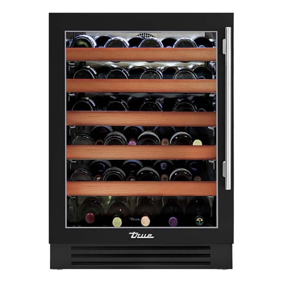 True TWC-24-L-OG-C~DSK-027-H04 24 Inch 45 Bottle Left Hinge Glass Door Outdoor Outdoor Wine Cabinet - Matte Black w/ Stainless Steel Handle - White Background thumbnail