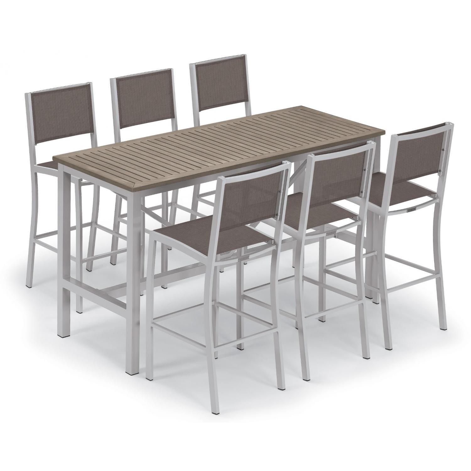 Travira 7 Piece Aluminum Patio Bar Set W/ 72 X 30 Inch Rectangular Table and Tekwood Vintage Tabletop By Oxford Garden - Cocoa Sling thumbnail