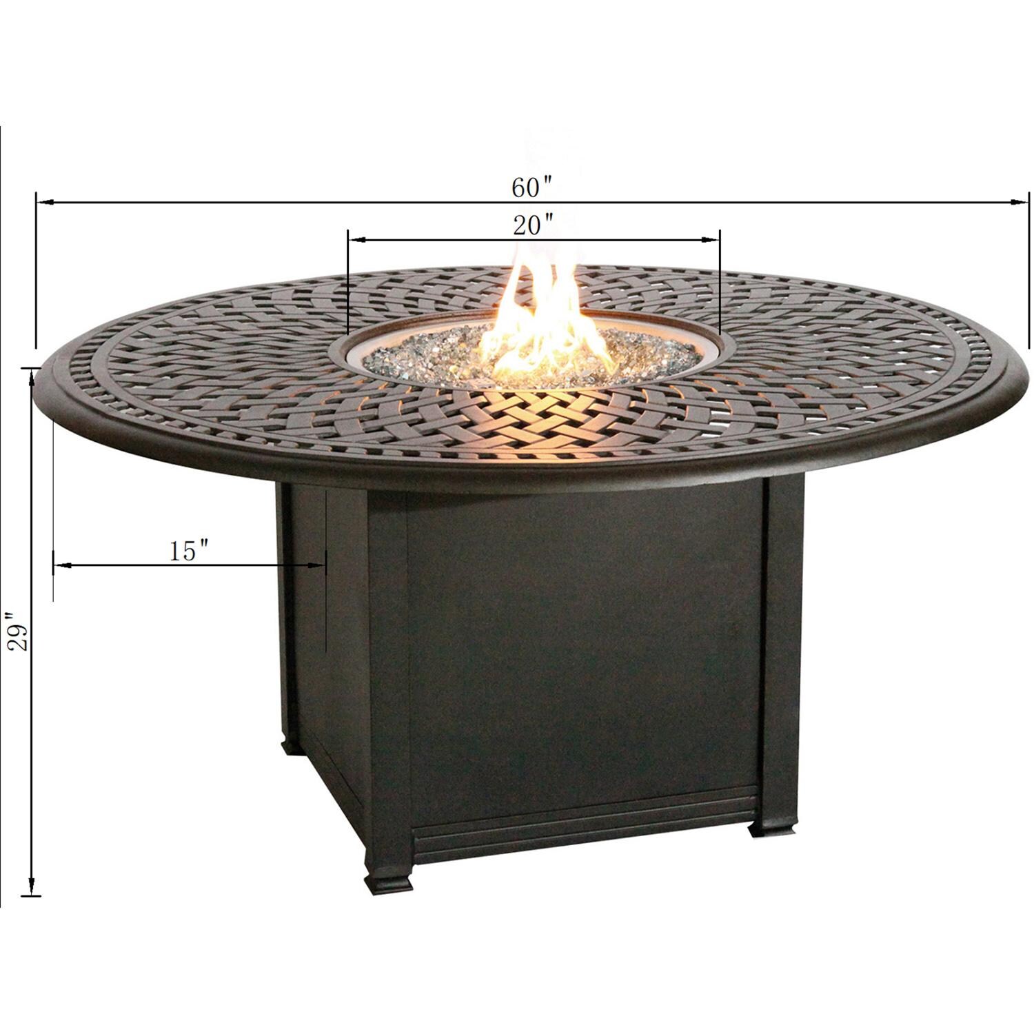 Darlee Elisabeth 7 Pc Cast Aluminum Fire Pit Dining Set w/ 60 Inch Round Signature Table in Antique Bronze/Beige - Table Dimensions - Dimensional thumbnail