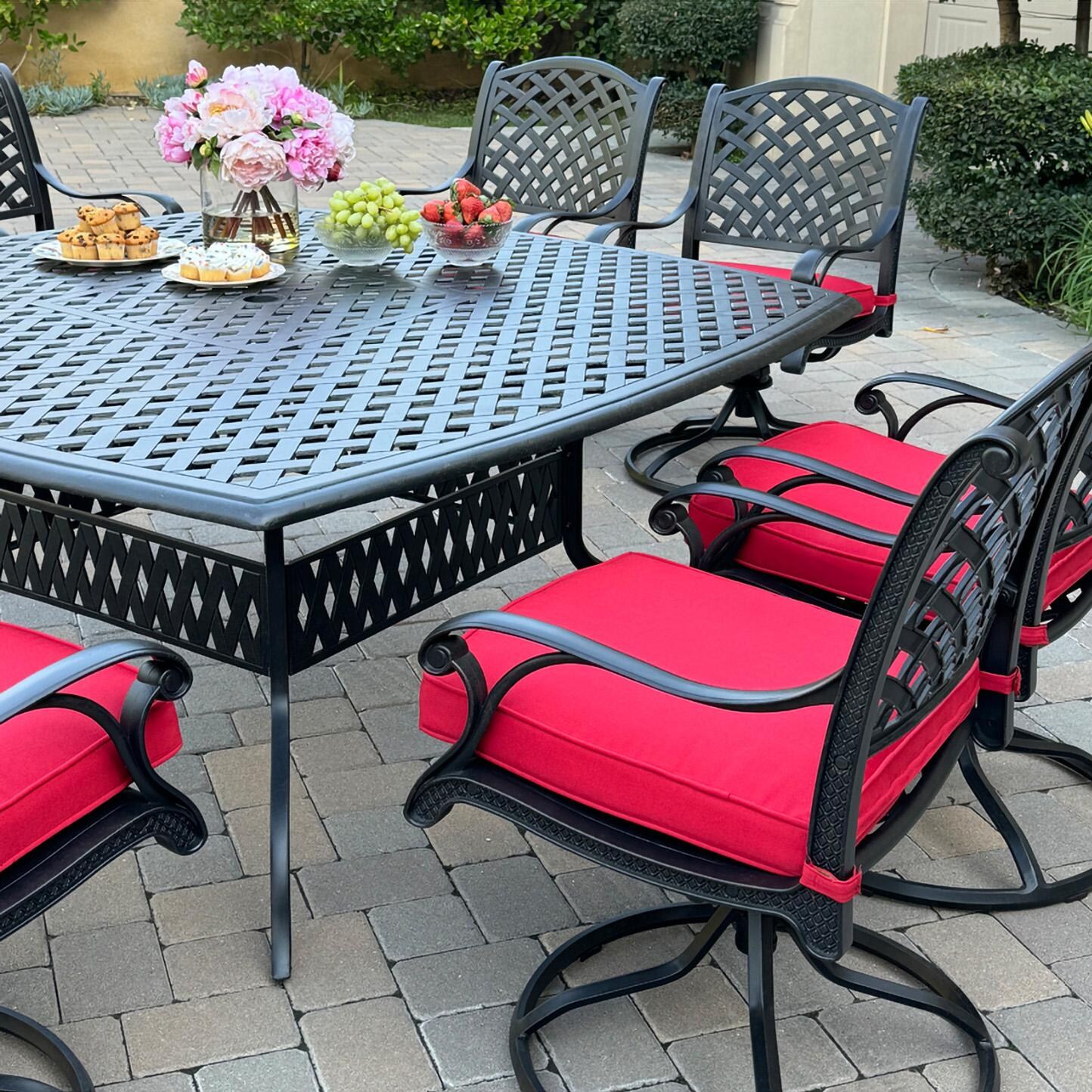 Darlee B/DL13-9PCAR-30W-R Nassau 9 Pc Cast Aluminum Dining Set in Antique Bronze w/ Red Cushions - Table and Chairs - Lifestyle thumbnail