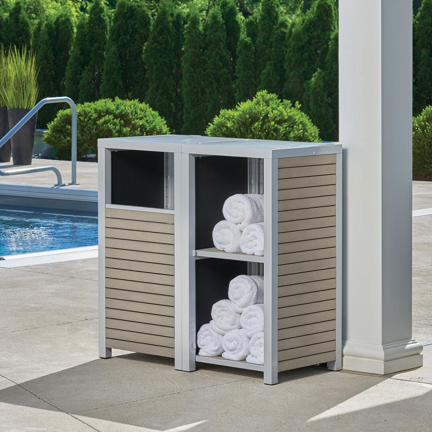 Travira 2 Pc HPL/Powder-Coated Aluminum Storage Set W/ Waste Receptacle & Shelves in Vintage/Flint by Oxford Garden - Lifestyle thumbnail