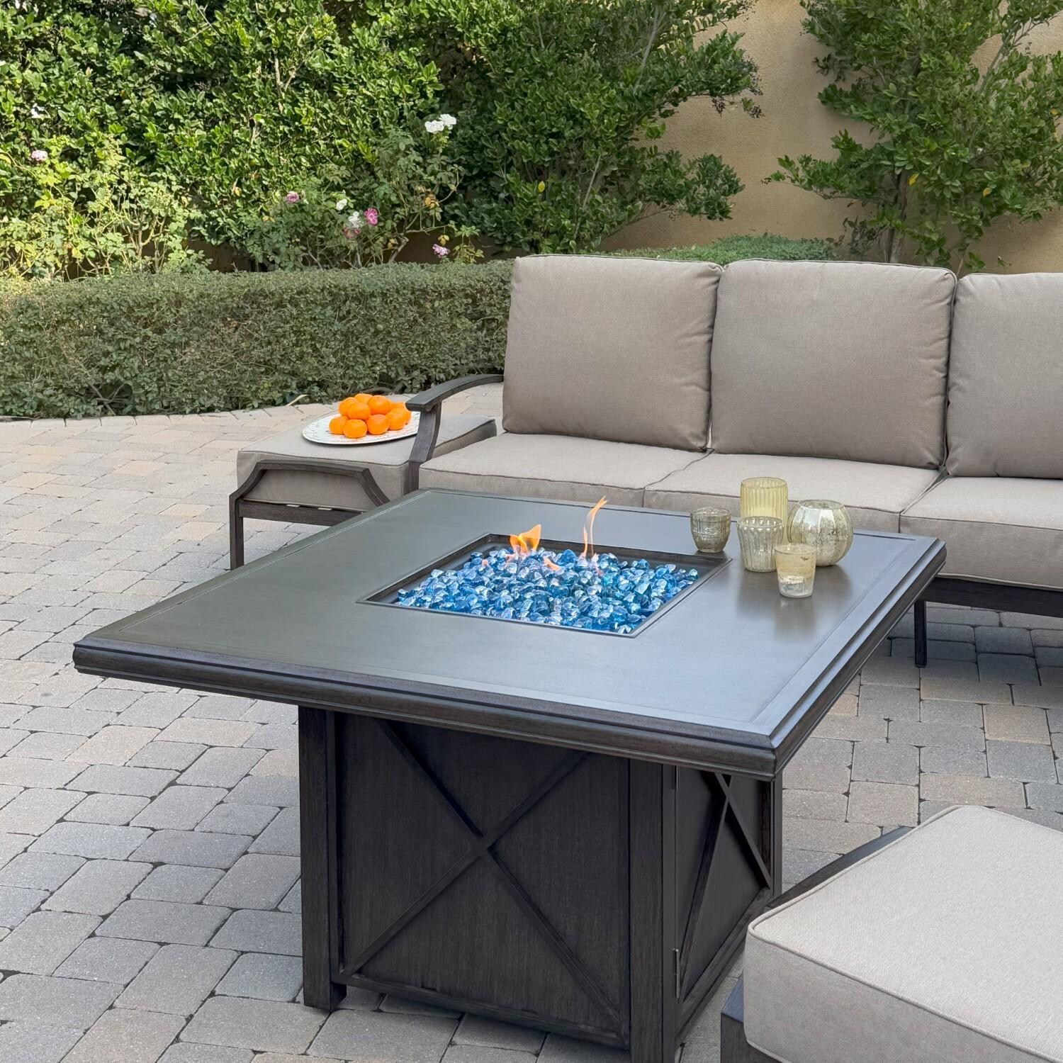 Atlantis 6 Pc Aluminum Fire Pit Seating Set w/ 2 Swivel Rocker Club Chairs, 2 Ottomans & Sofa in Walnut/Beige by Darlee - Fire Pit Table In Use - Lifestyle thumbnail