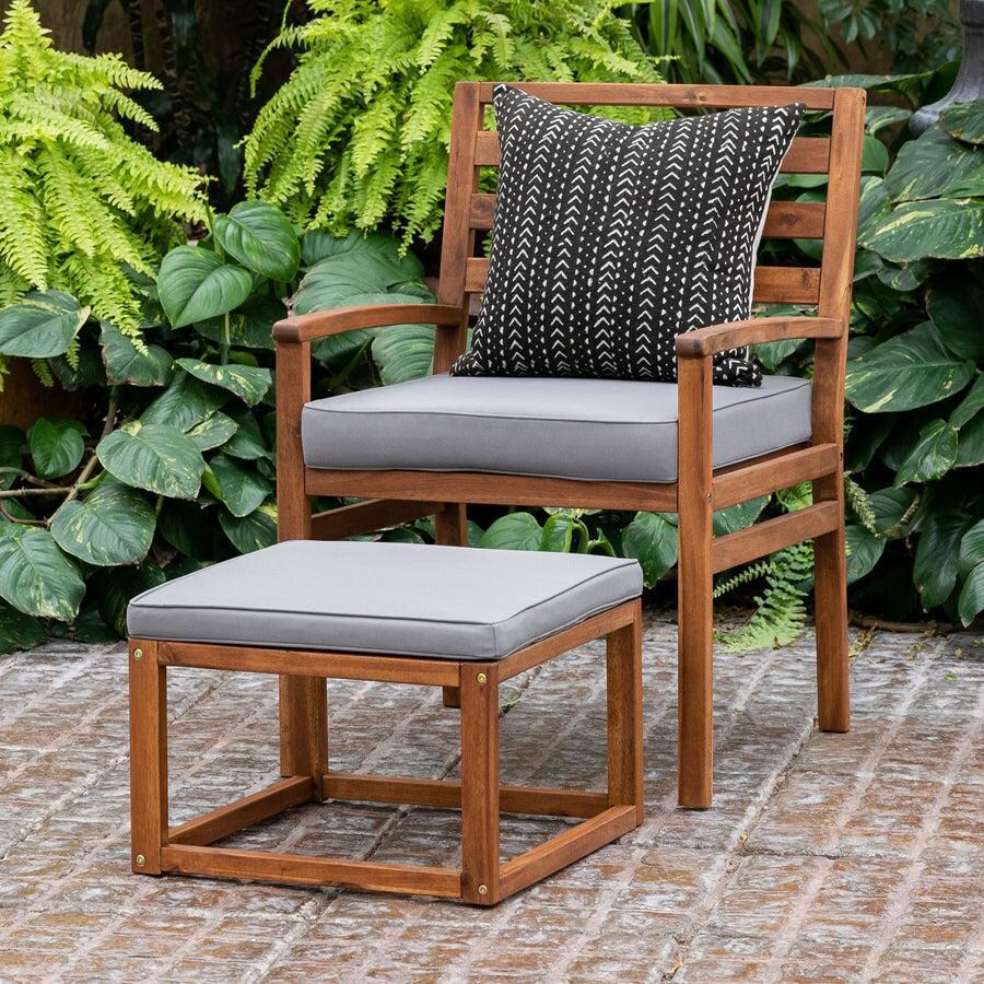 Walker Edison Payson 2 Piece Acacia Patio Conversation Set W/ 19 Inch Square Ottoman - Brown/Grey image