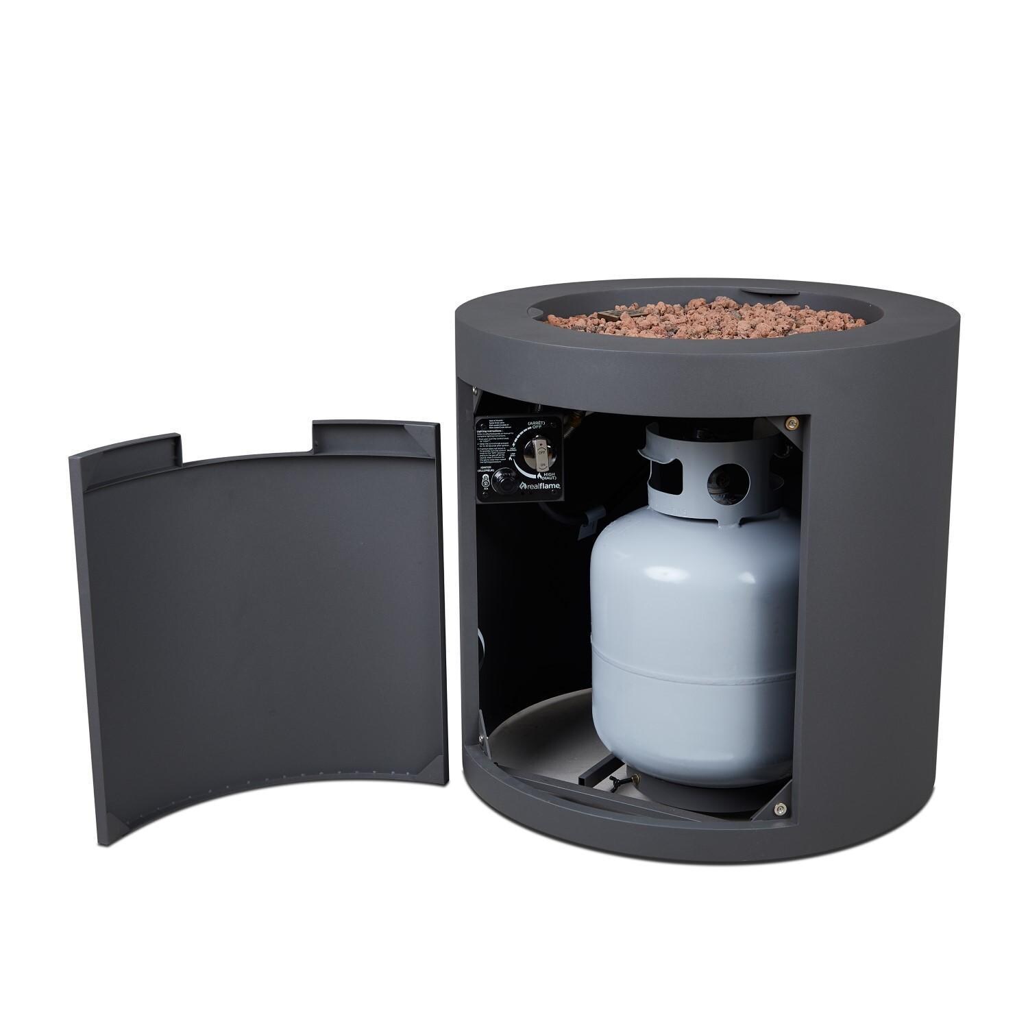 Elysian 24 Inch Round Steel Propane Fire Pit Table in Weathered Slate by Lakeview - Propane Tank Hideaway - Detail thumbnail