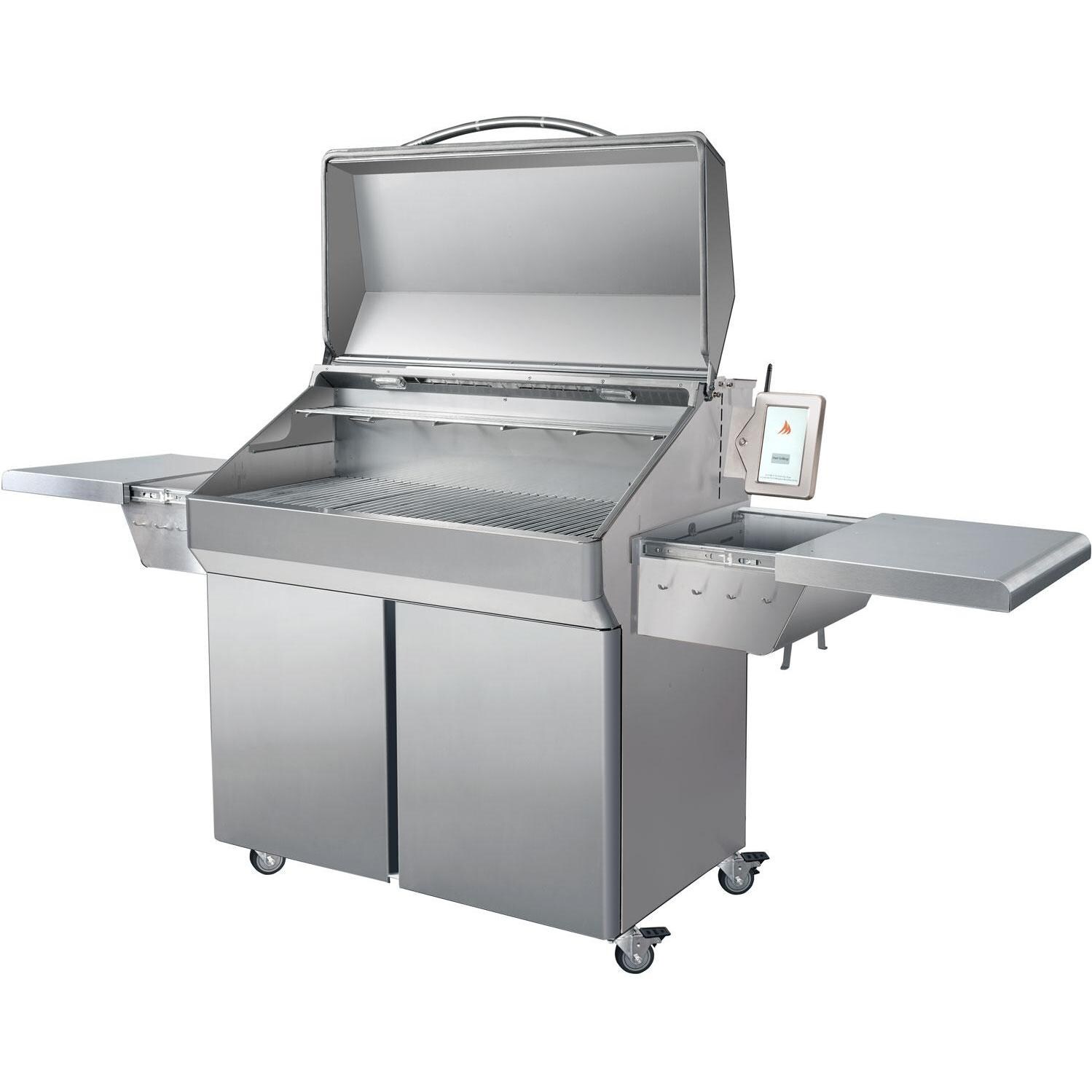Memphis Grills VG0002S Elite ITC3 39-Inch Pellet Grill - Angled View With Hood And Side Shelves Open thumbnail