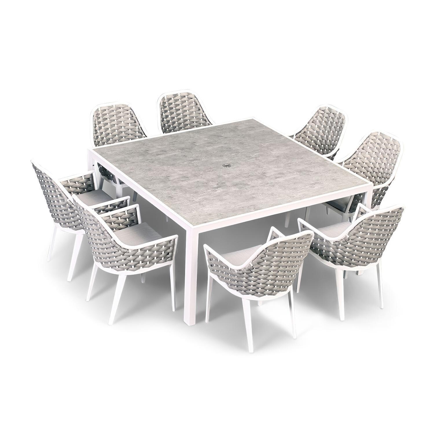 Chloe Bay 9 Pc Aluminum Square Dining Set in White by Lakeview - Top Angle View - White Background thumbnail