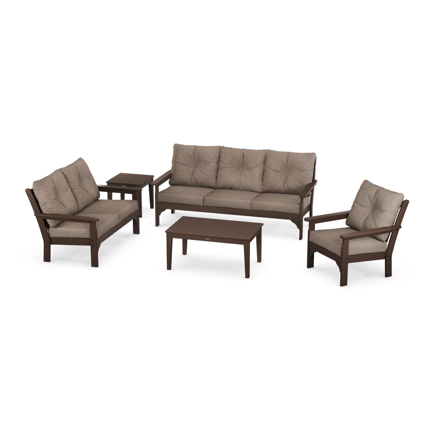 POLYWOOD Vineyard 5 Pc Recycled Plastic Sofa Seating Set in Mahogany/Spiced Burlap by - PWS318-2-MA146010