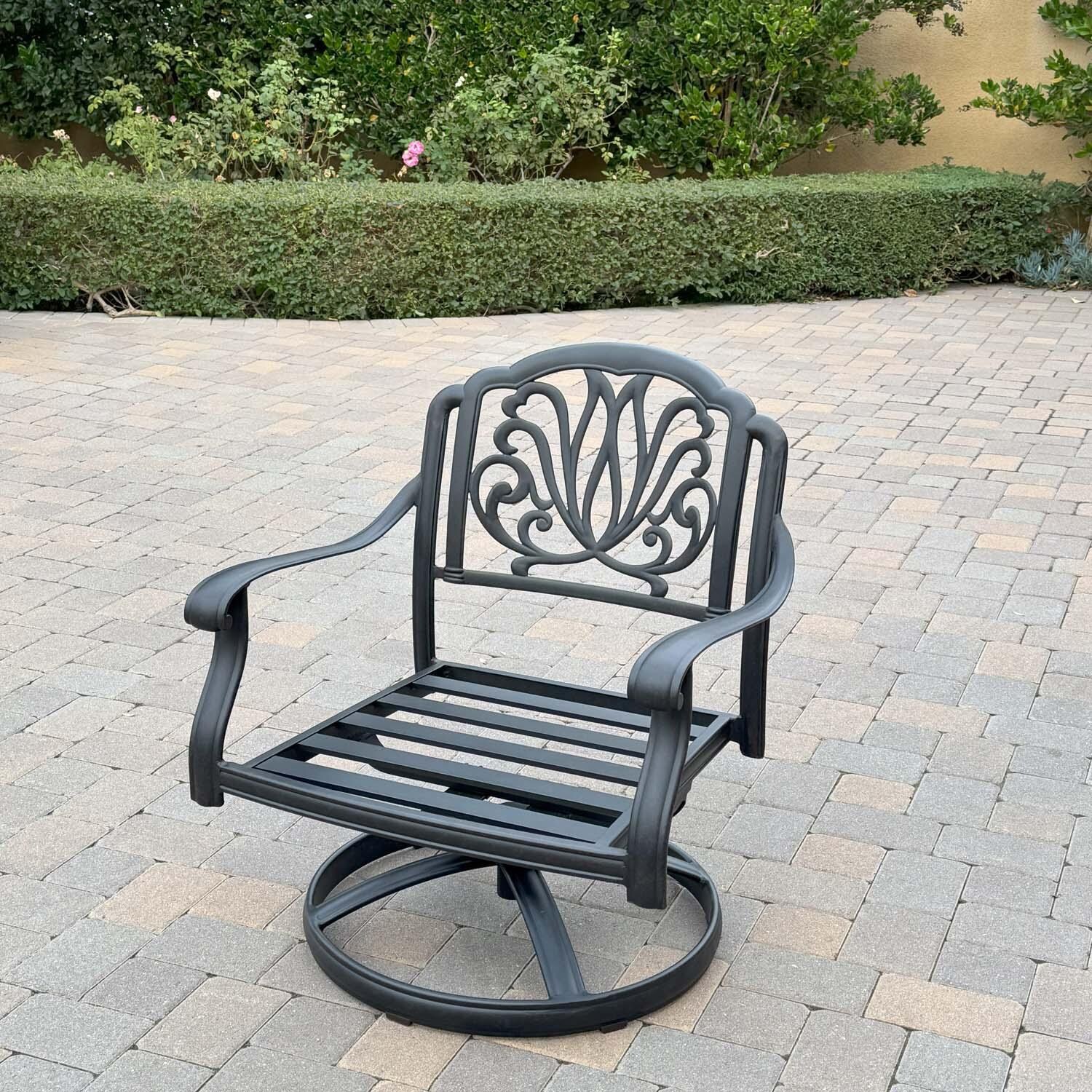 Darlee Elisabeth 5 Pc Cast Aluminum Seating Set w/ Series 30 Coffee Table & End Table in Antique Bronze/Beige Canvas - Chair w/ no Cushions - Lifestyle thumbnail