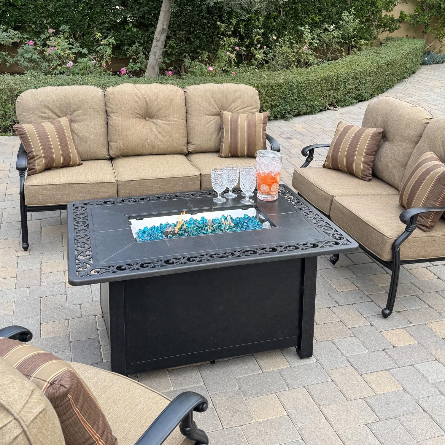 Santa Monica 4 Pc Cast Aluminum Seating Set w/ 49 X 35 Inch Fire Pit Table w/ Club Chair, Sofa, Loveseat, and Ottoman in Sesame/Antique Bronze by Darlee - Fire Pit, Sofa, and Loveseat - Lifestyle thumbnail