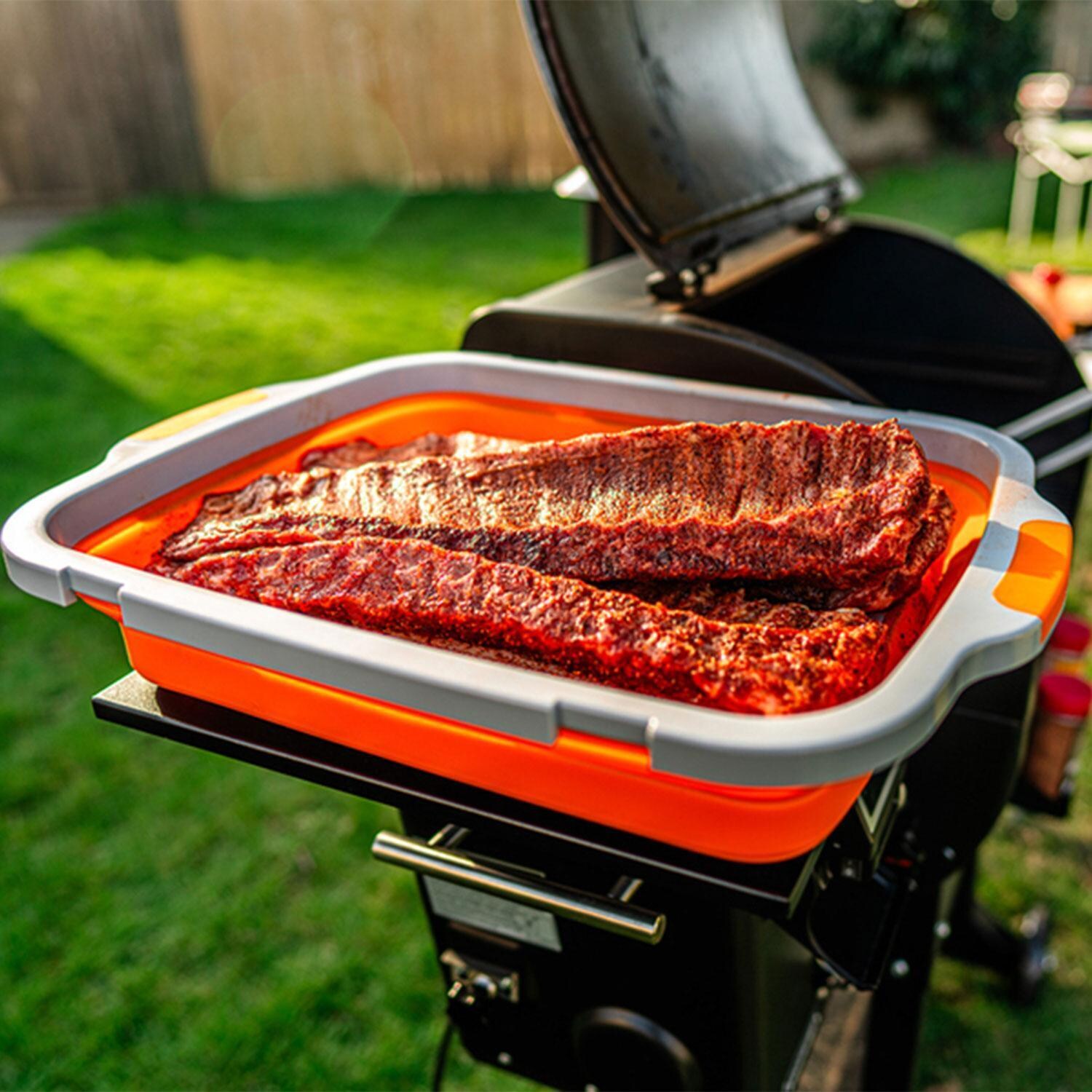 Drip EZ TUBV2-1 V2 BBQ Prep Tub - Classic Orange - Finished Ribs in Tub - Grilling - Lifestyle thumbnail