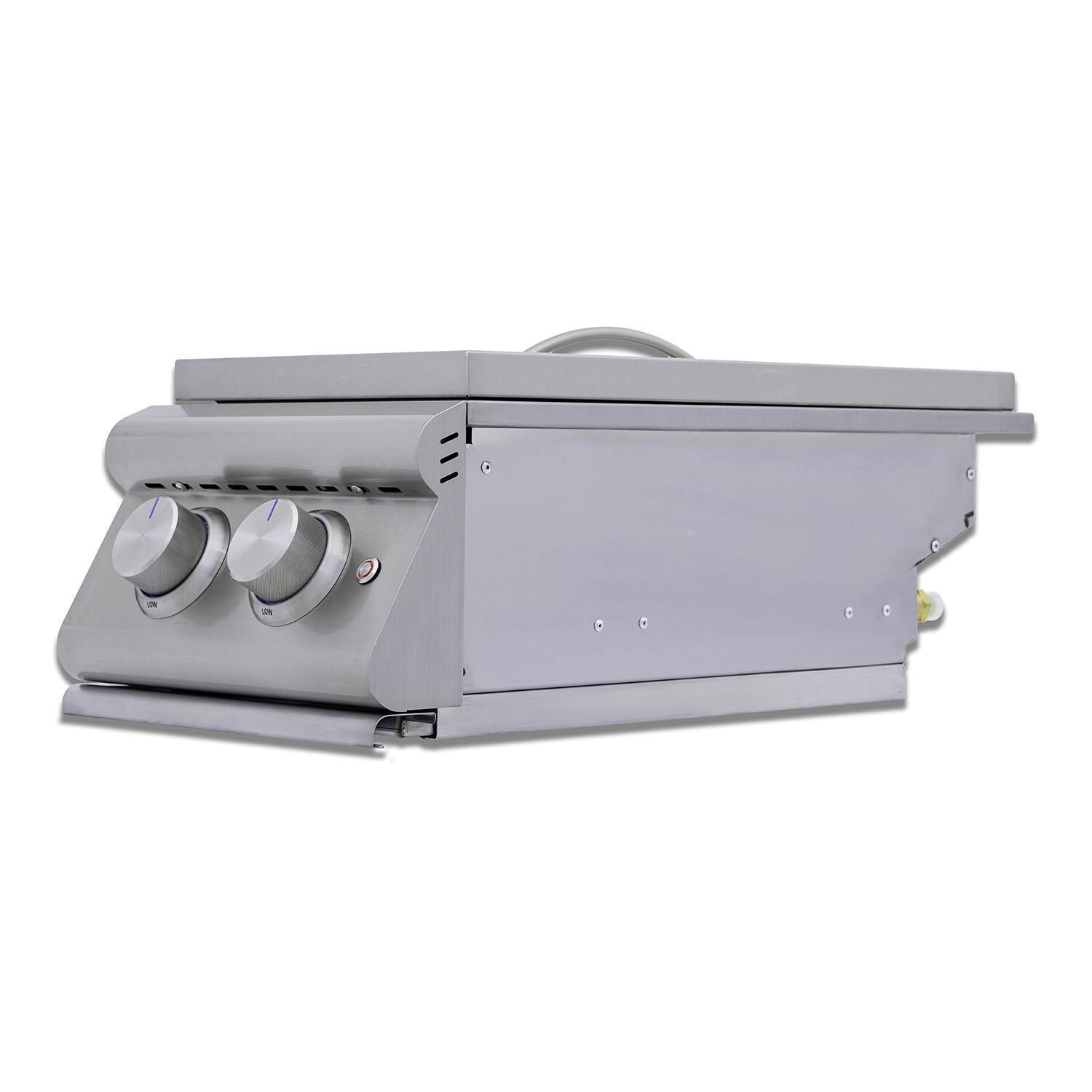 Blaze BLZ-SB2-LTE3-LP LTE+ Propane Gas Stainless Steel Double Side Burner w/ Lid - Side View - White Background thumbnail