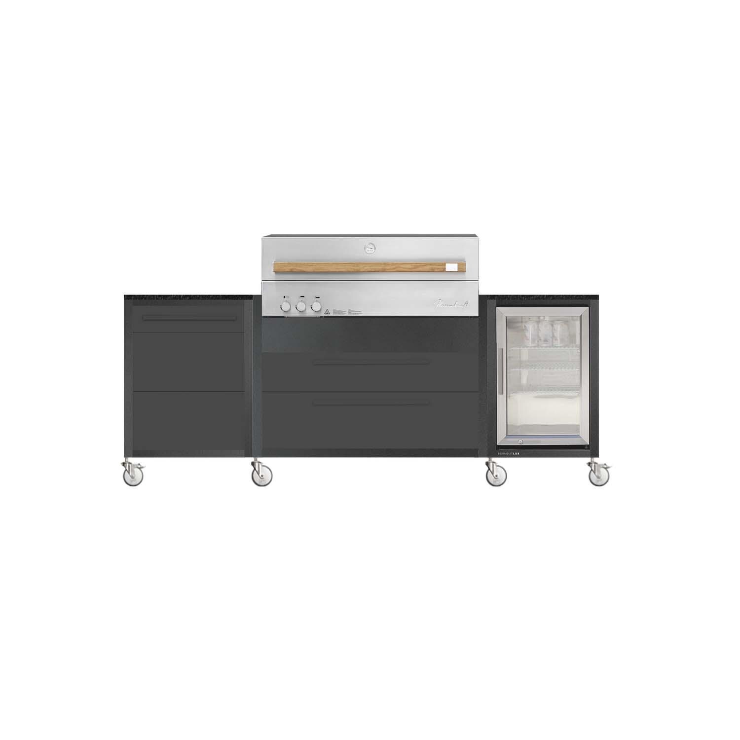 Burnout BBQ Modular Outdoor Fully Lit Kitchen Island on Casters w/ Flammkraft Model D Built-In Grill, Caso 2.2 Cu Ft Refrigerator, and Propane Pullout - Dawn