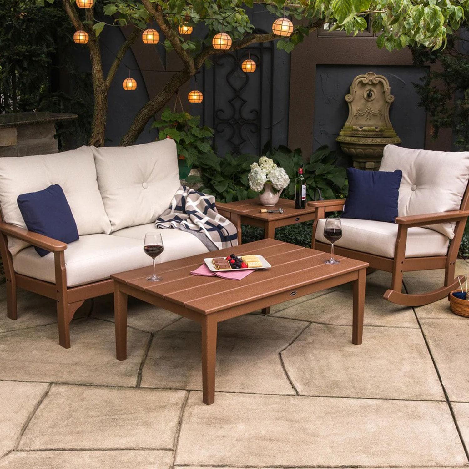 POLYWOOD Vineyard Slate Grey & Natural Linen 4-Piece Deep Seating Rocker Set - Back Patio - Shown in Teak/Natural Linen finish - Lifestyle thumbnail