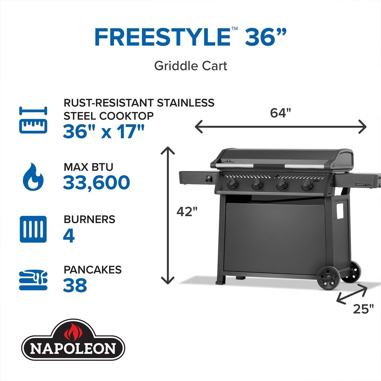 Napoleon F36FTPMK Freestyle 36-in 4 Burner Propane Flat Top Grill w/ Cooktop - Dimensional thumbnail
